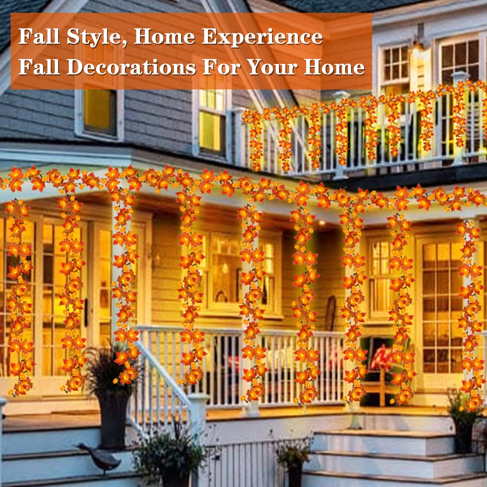 TURNMEON 30Ft Fall Garland with 60 LED Pumpkin Lights, Battery Operated, Silk & PVC, Thanksgiving Home Decor, Model 41-TUM-13-US3
