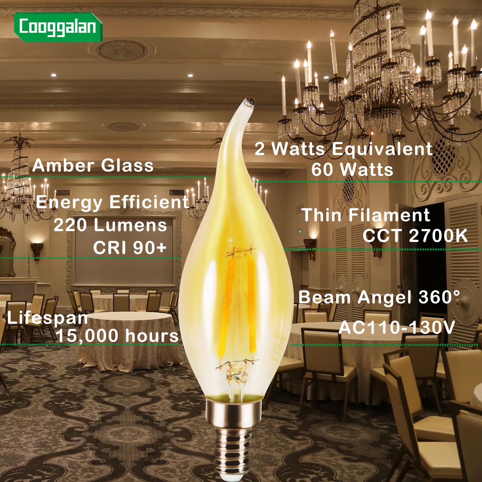 Cooggalan E12 Amber Candelabra Led Light Bulb Dimmable, 25 Watts Equivalent Flame Tip Chandelier Light Bulbs Ca11 2W, Filament D