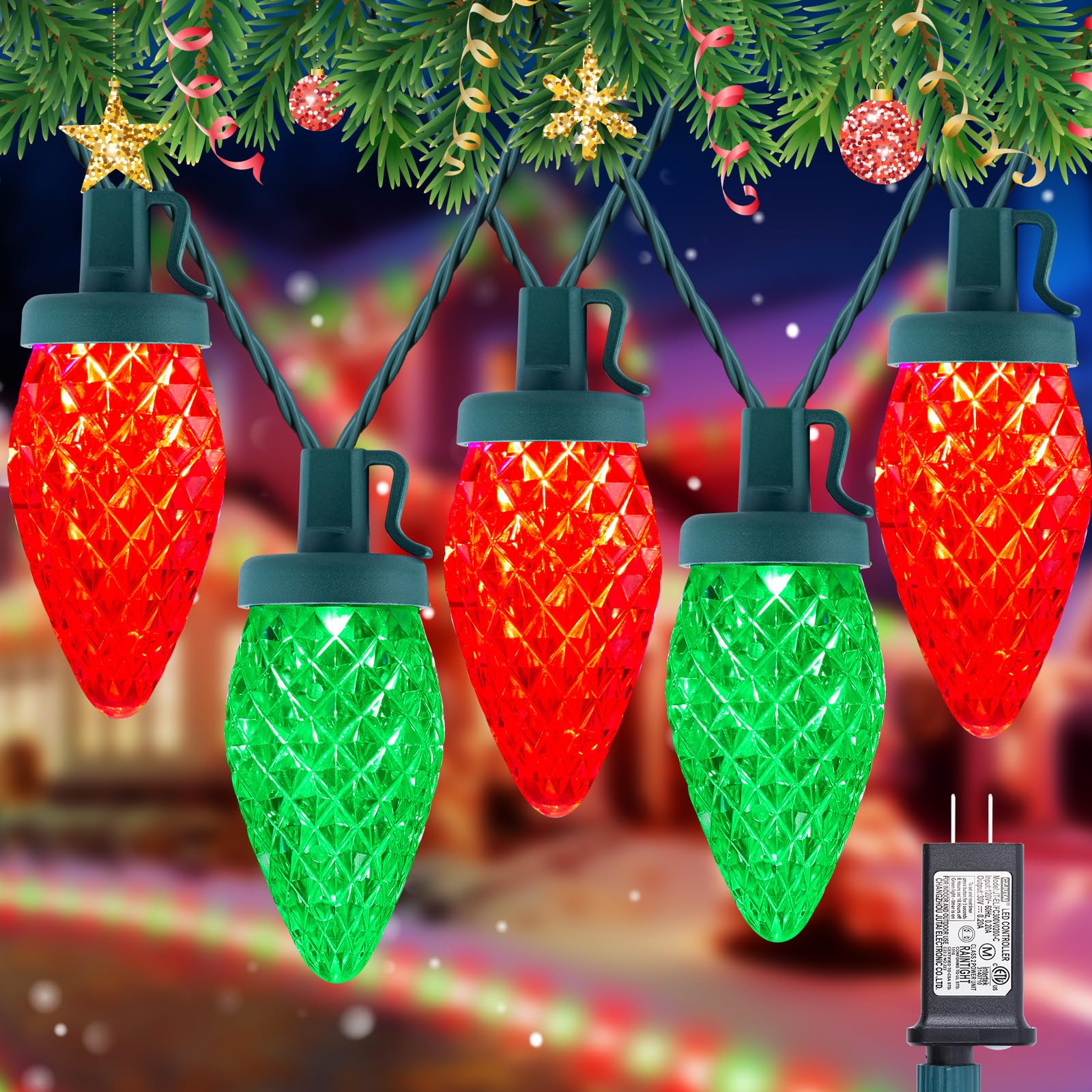 Minetom C9 LED Christmas String Lights - 82ft, 100 LEDs, Timer, 8 Modes, Outdoor, Red and Green, Model GVLV100/10F