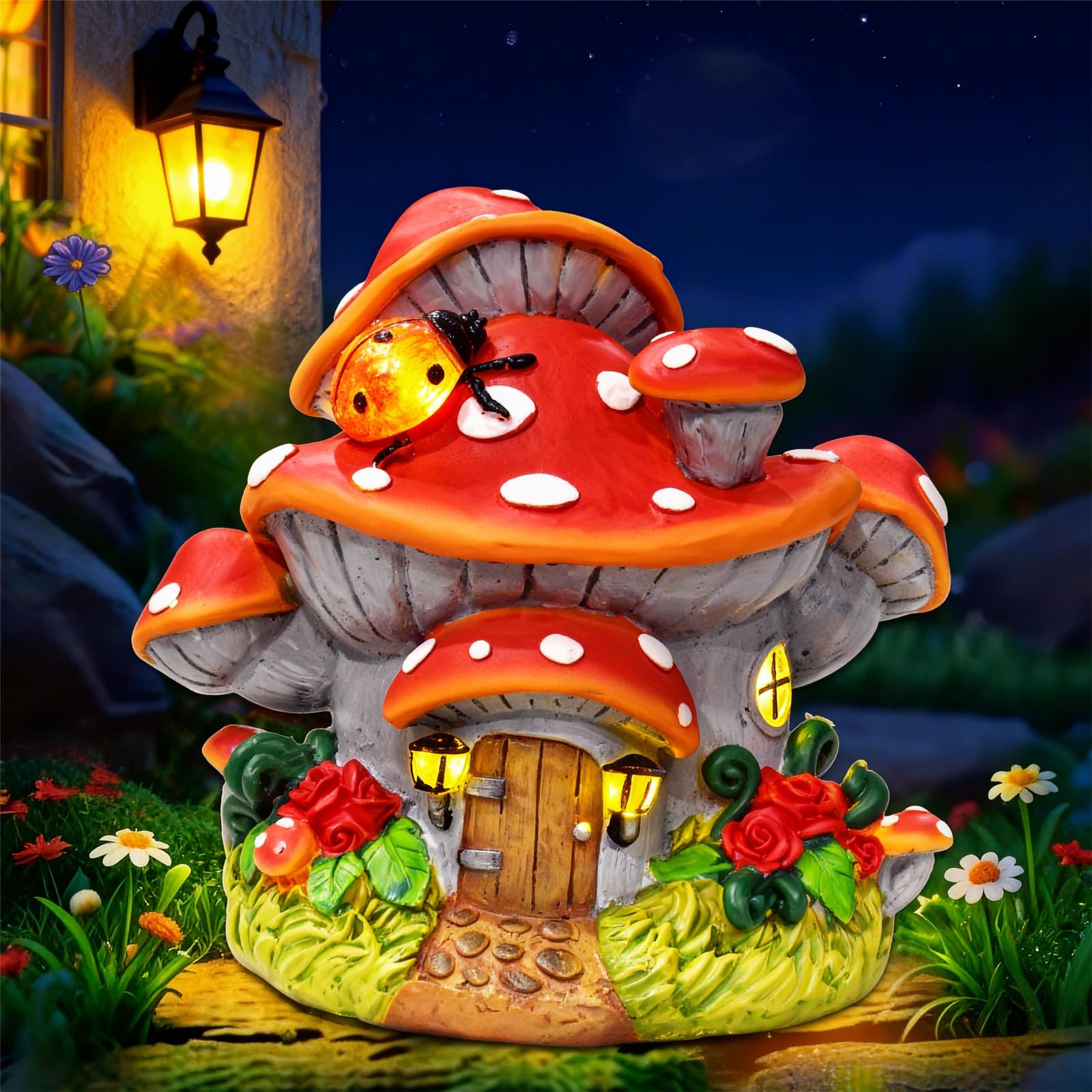 WINTS Solar Mushroom House Statue, Outdoor Whimsical Garden Figurines with Solar Lights, Mushroom Garden Statue Decoration for F