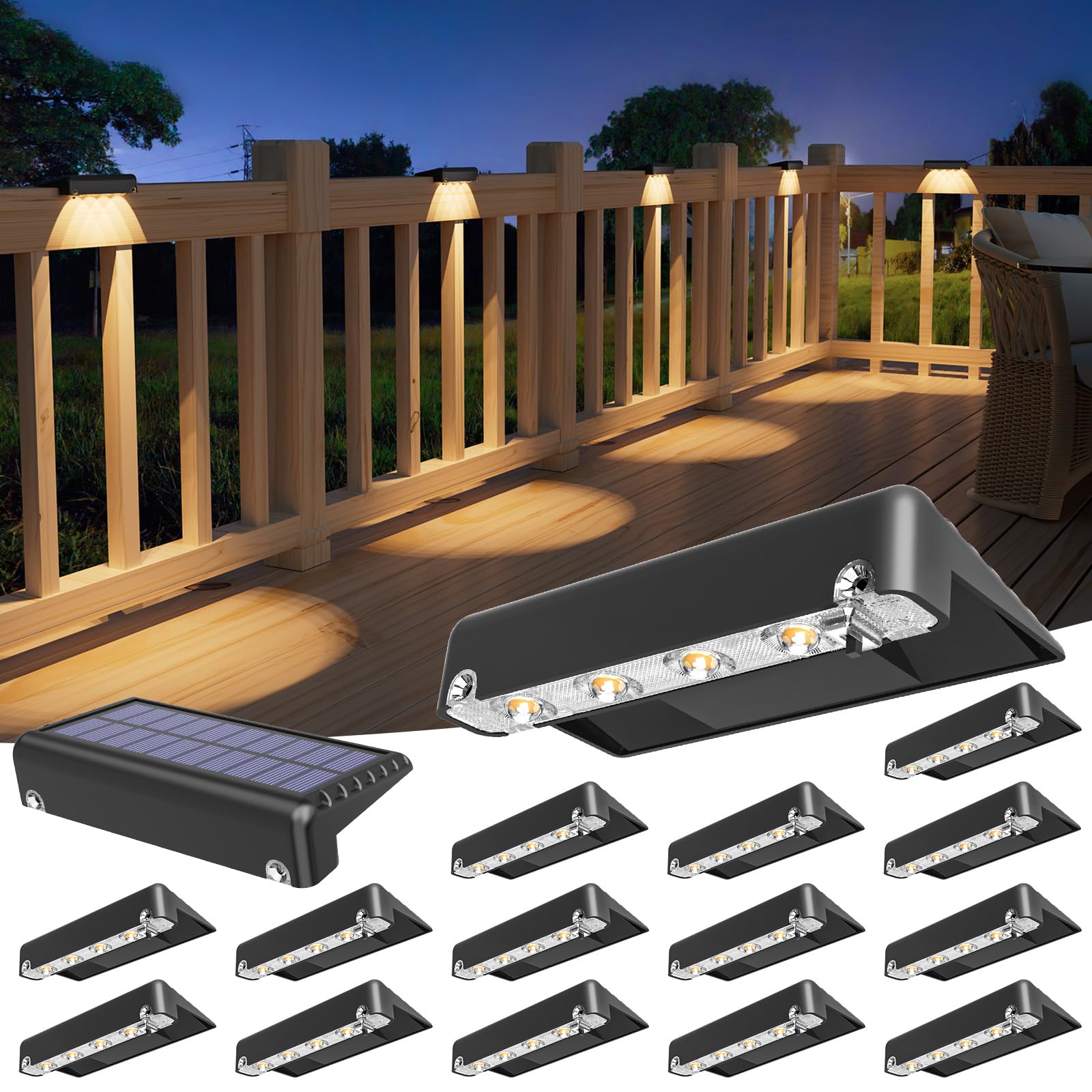 VOLISUN Solar Deck Lights 16 Pack  Bright Warm White Glow LED Large Size Lamp  IP65 Waterproof Step Lights Outdoor for Deck  Step  Fence  Railing  Wall and Stairs(Black)