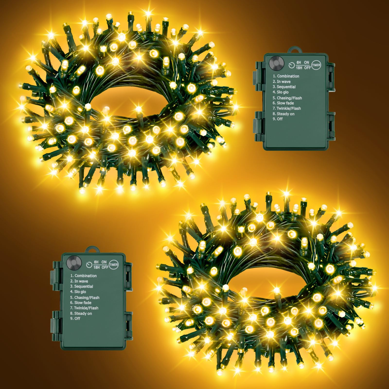 FFZZKJ Christmas Lights Outdoor Battery Operated String Lights Total 100LED 33Ft with Timer 8 Modes 16.4Ft*2 Waterproof Outdoor Indoor for Christmas Decor  Warm White  2-Pack