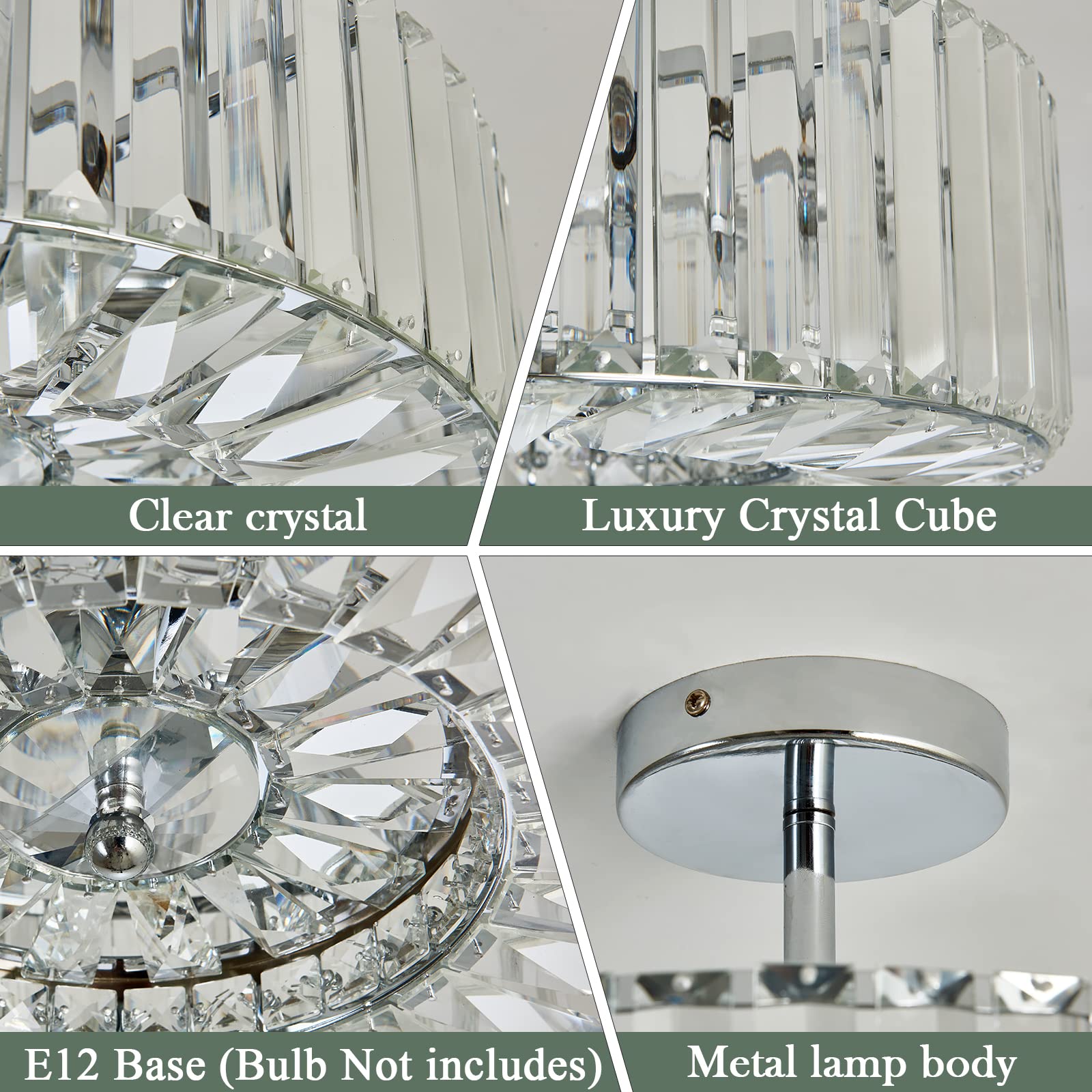 Piepooye Modern Crystal Chandelier - 4 Lights, Chrome Finish, Semi Flush Mount, Ideal for Dining Room, Living Room, Kitchen, Model R-2058