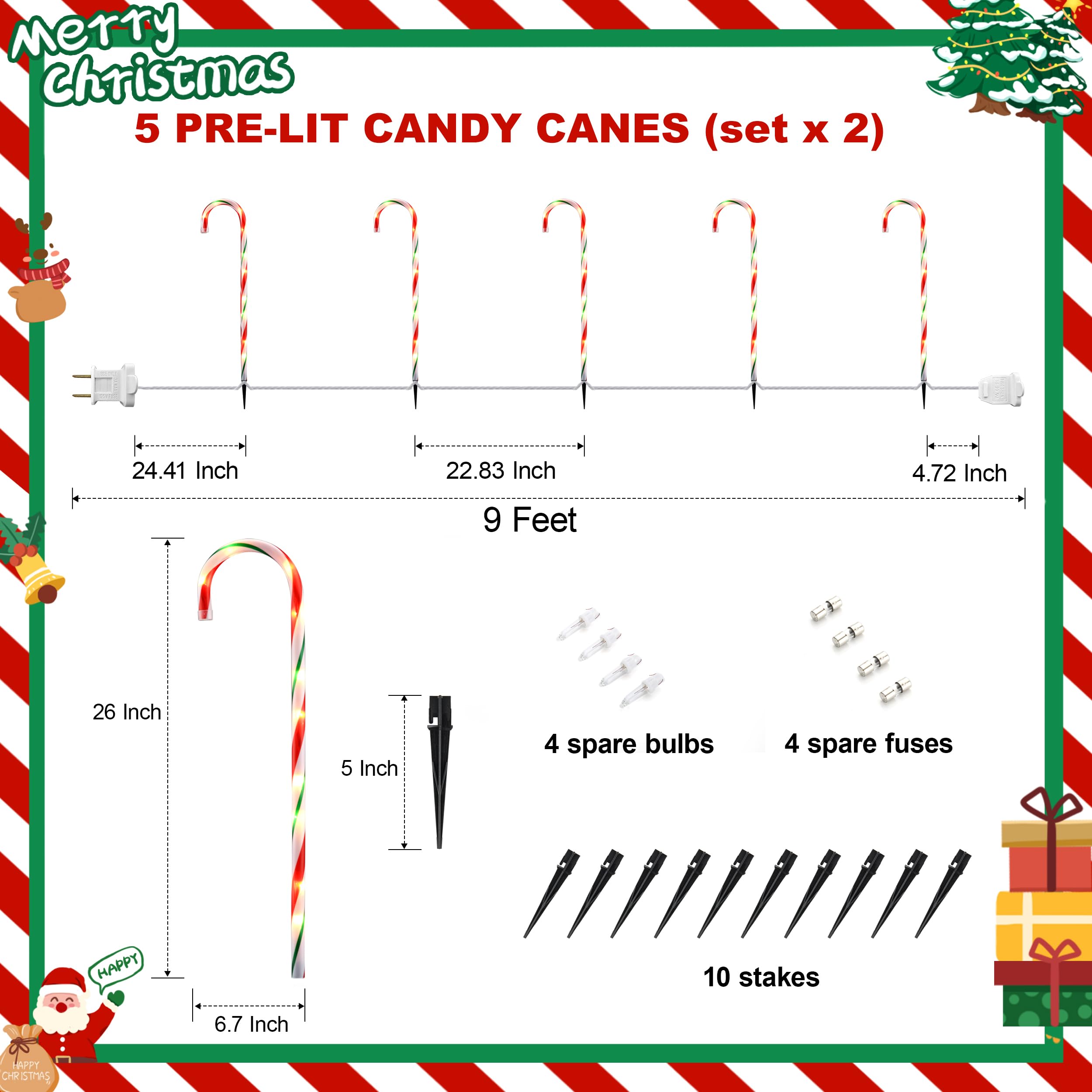 Vcoken 30'' Christmas Candy Cane Lights Outdoor Pathway, Set Of 10 Christmas Candy Cane Markers Decoration, Connectable & Light