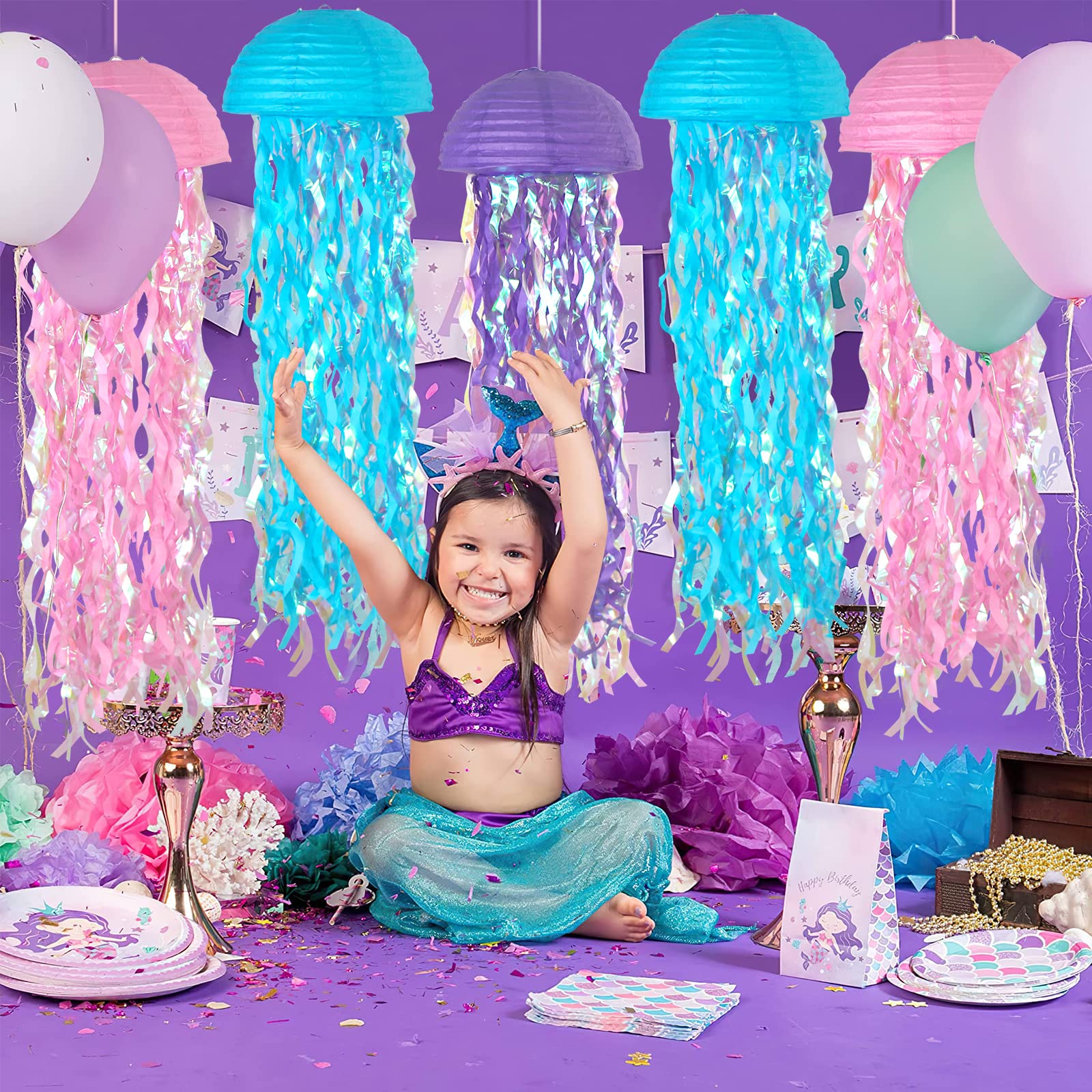 Adlkgg Pink Purple Blue Hanging Jelly Fish Paper Lanterns, Gradient Colorful Paper Lanterns For Mermaid Theme Party Under The Se