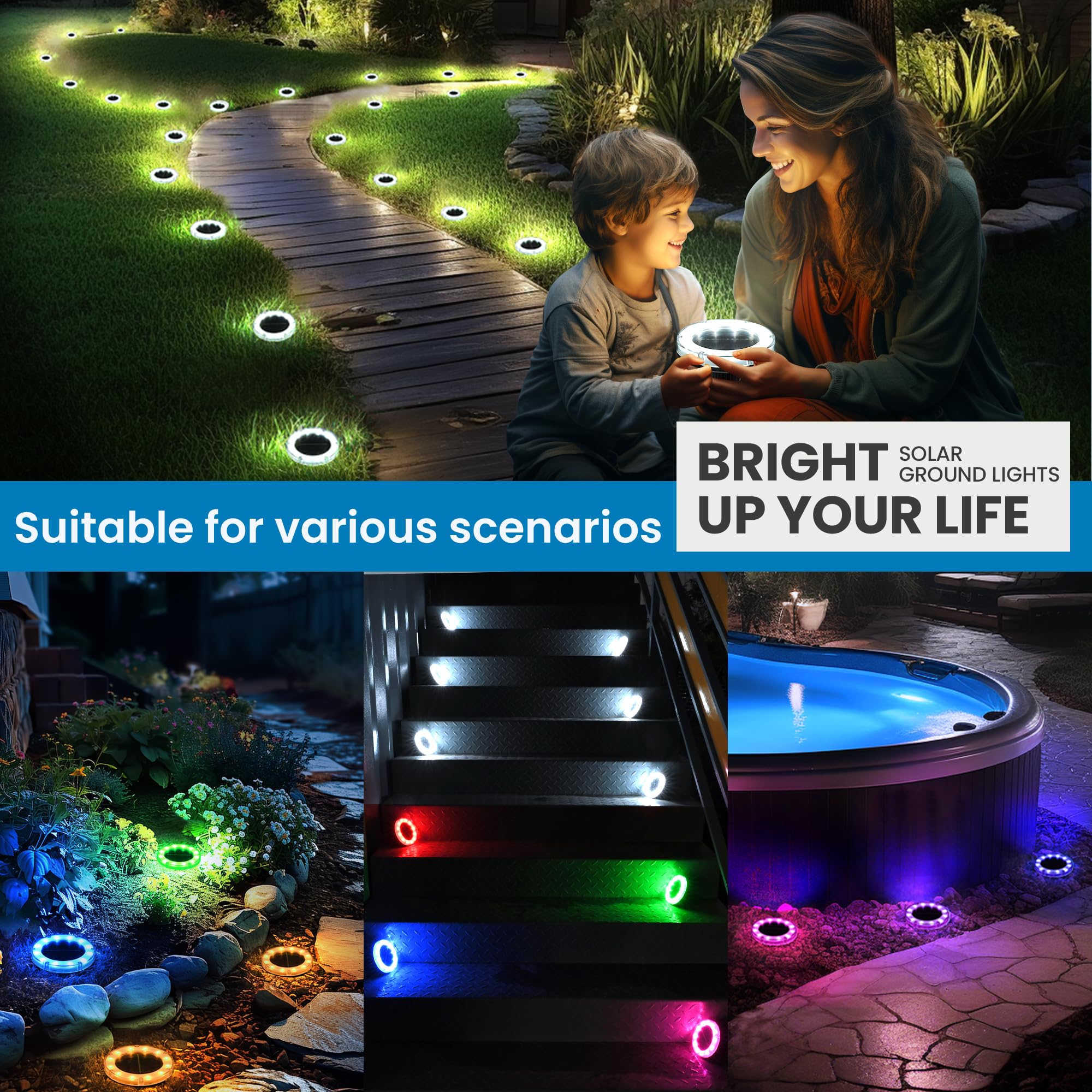 Solpex Color Changing Solar Ground Lights, Solar Garden Lights Outdoor Waterproof, Solar Powered Backyard Decor, Landscape Light