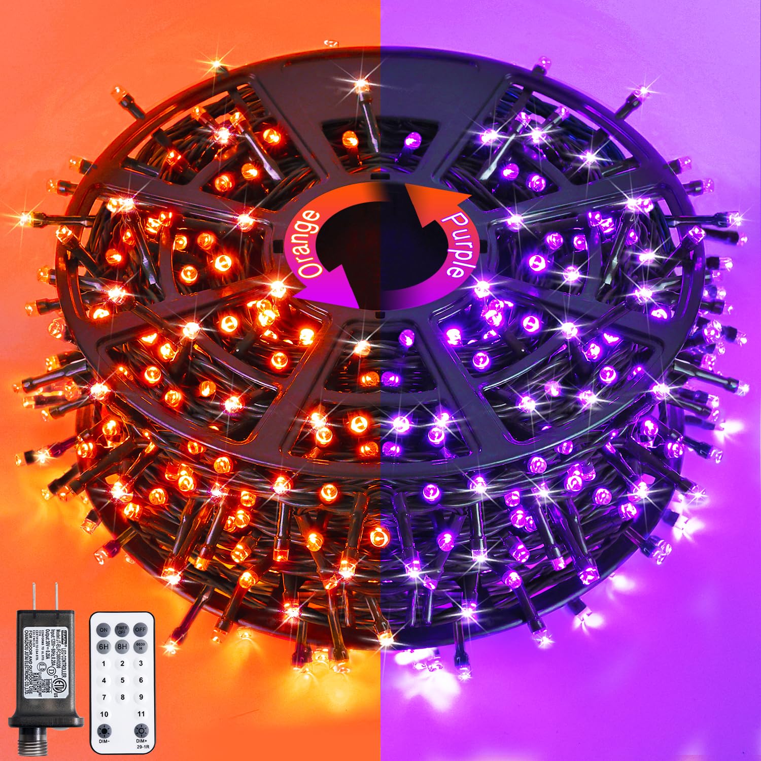 JMEXSUSS Christmas String Lights, 500 LED Color Changing, 173ft, Waterproof, Orange & Purple, 11 Modes, Model EXS-S-0500-R