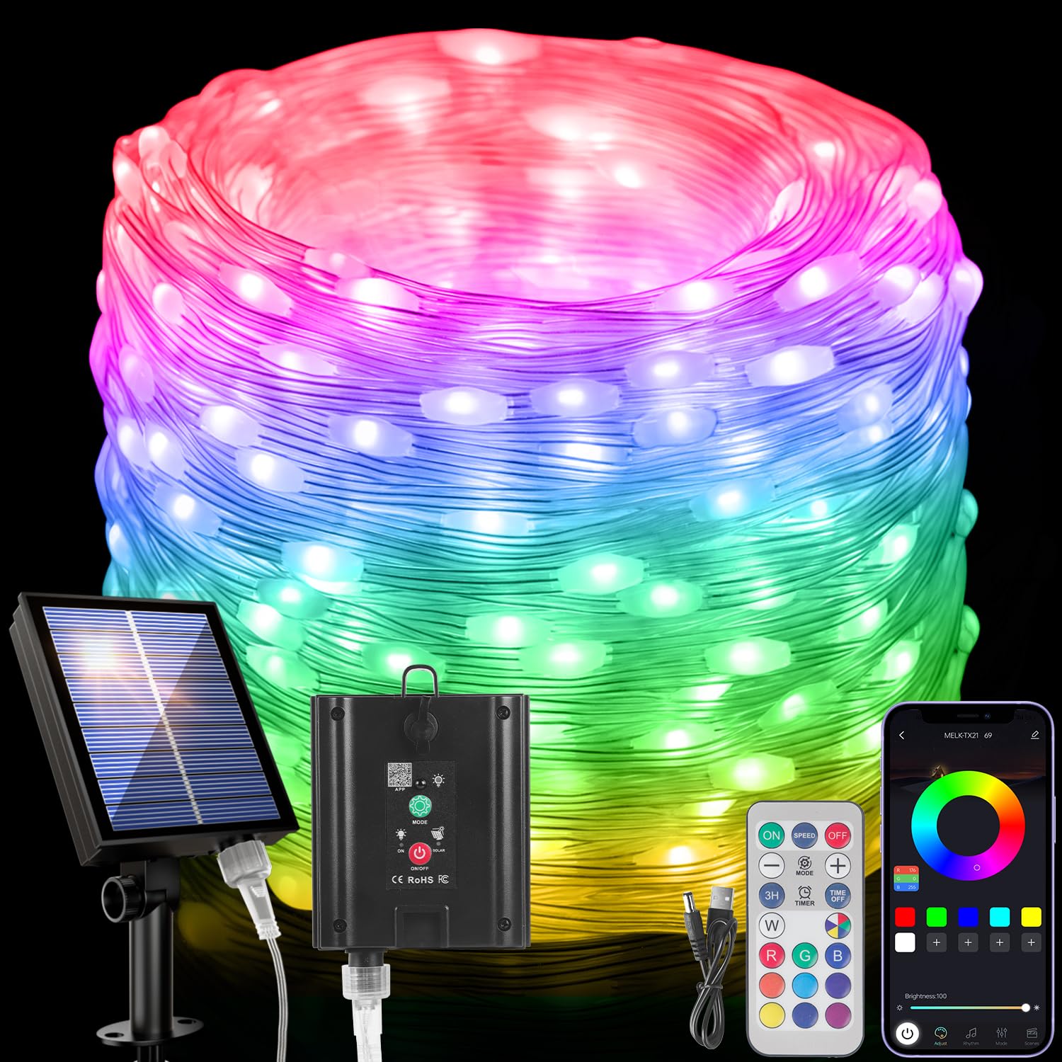 Electight Solar Smart Fairy Lights 49Ft/15M [App & Remote Control], 150 Leds Rgb-Ic String Lights, 99+ Modes & Music/Voice Sync