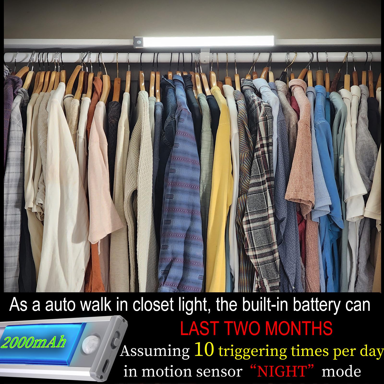 2 Pack Bright 70Led Rechargeable Closet Lights Motion Sensor Night Light Cordless For Kitchen Counter, Pantry, Under Cabinet. 6000K Cool White Lighting. Built-In Long Lasting 2000Mah Battery Powered