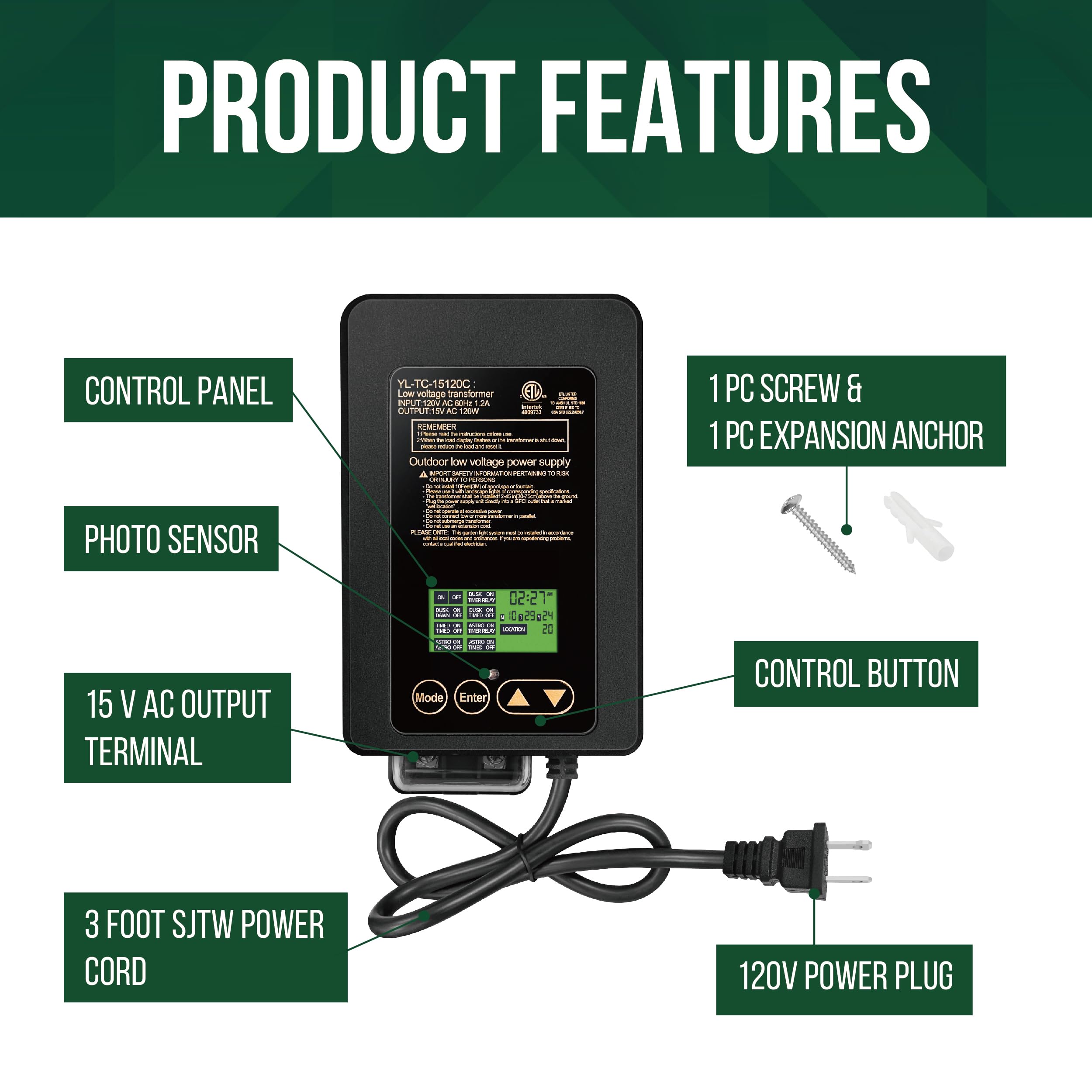 Gkoled 120W Low Voltage Landscape Transformer, Outdoor Landscape Lighting Transformer With Photocell Sensor And Timer, 120V Ac T