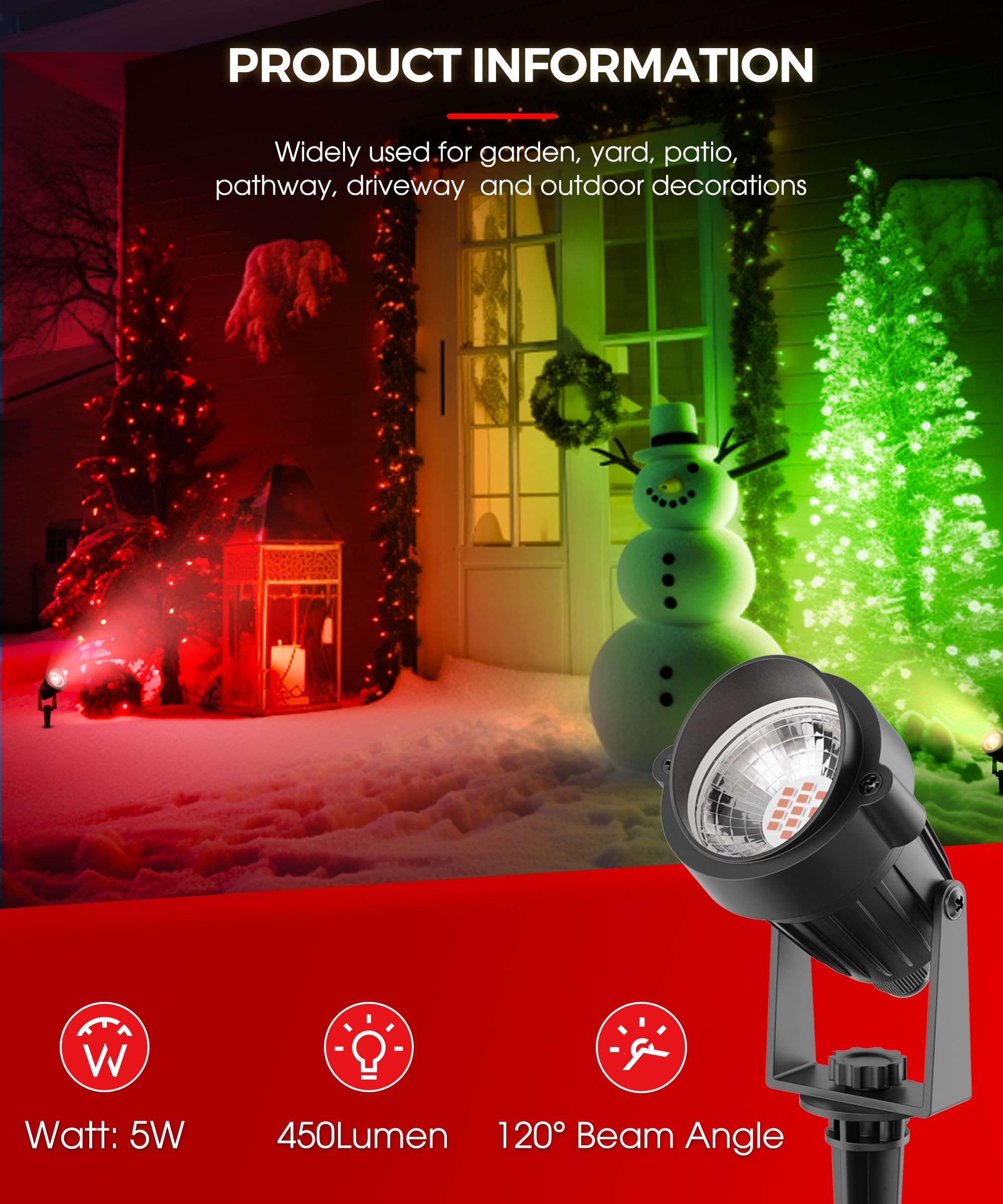 LOHAS Red Spotlight Outdoor, Christmas Red LED Spot Lights for Yard, Auto On/Off 5W 120V Landscape Lighting for House, Holiday,