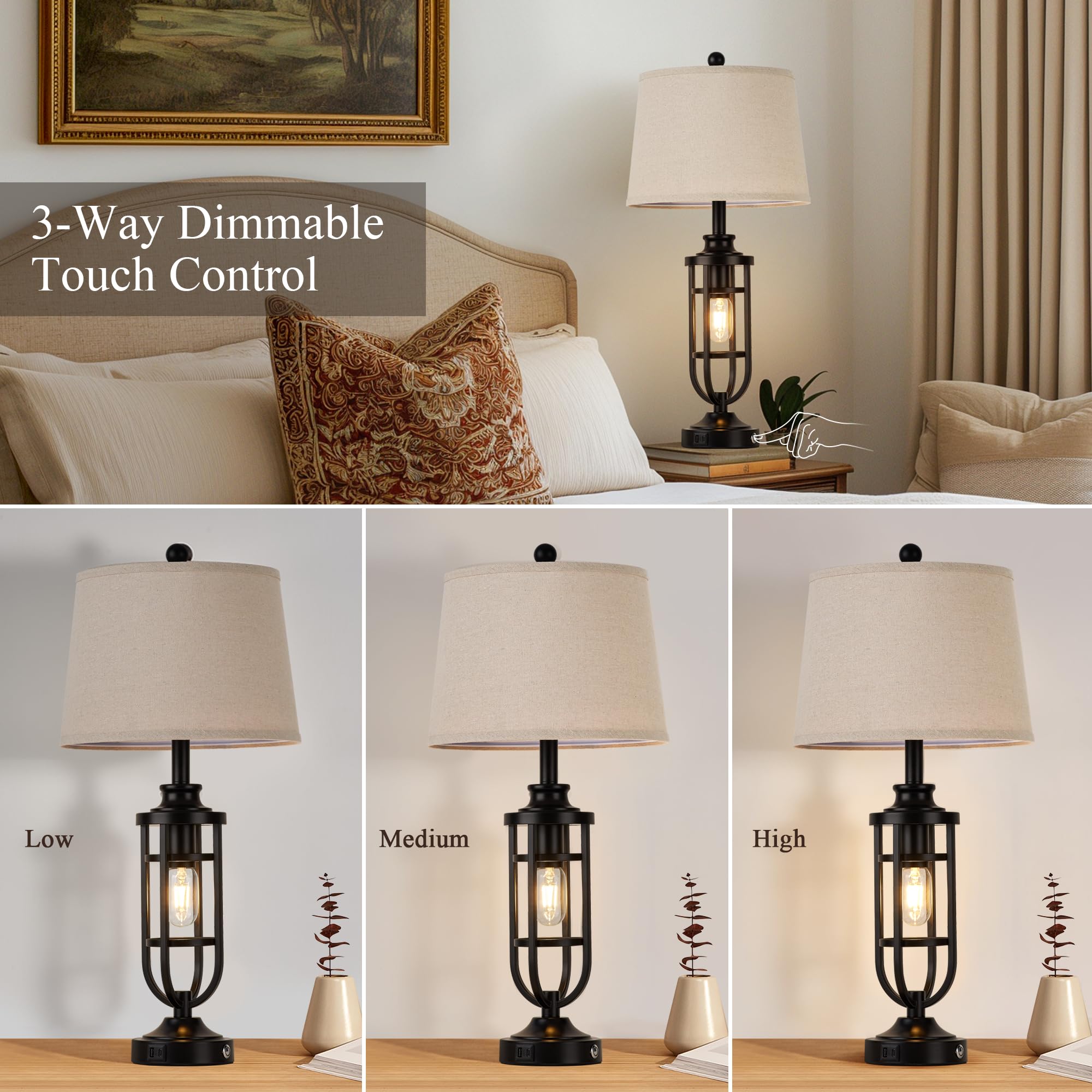 Srjjrs 28'' Black Table Lamps For Living Room Set Of 2, Farmhouse Lamps For Nightstand With Usb A+C, Rustic Bedside Lamps For Be