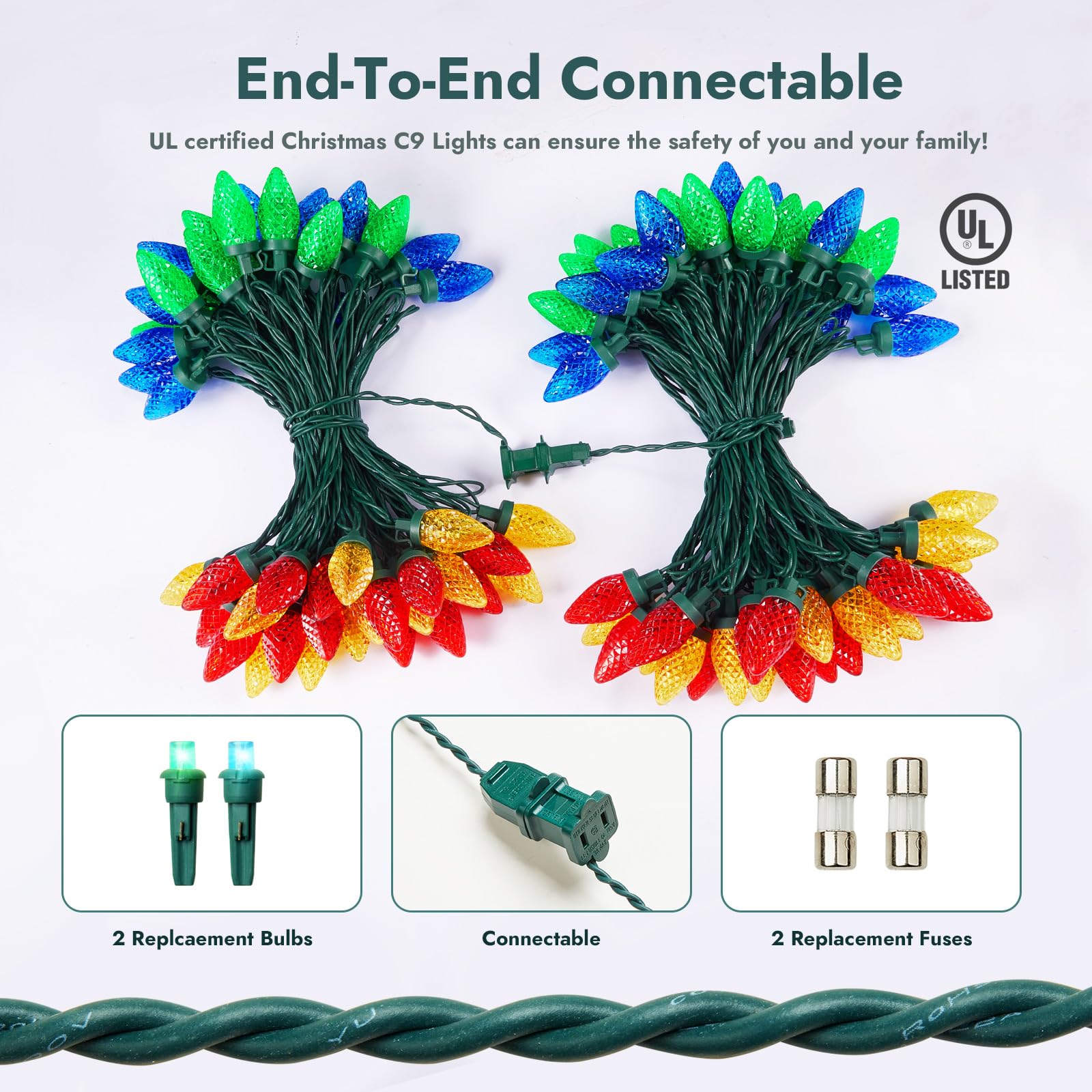 Dirnun LED Christmas Lights - 50 LED, 33ft, Multicolor, Copper & Plastics, Commercial Grade for Indoor/Outdoor Holiday Decor