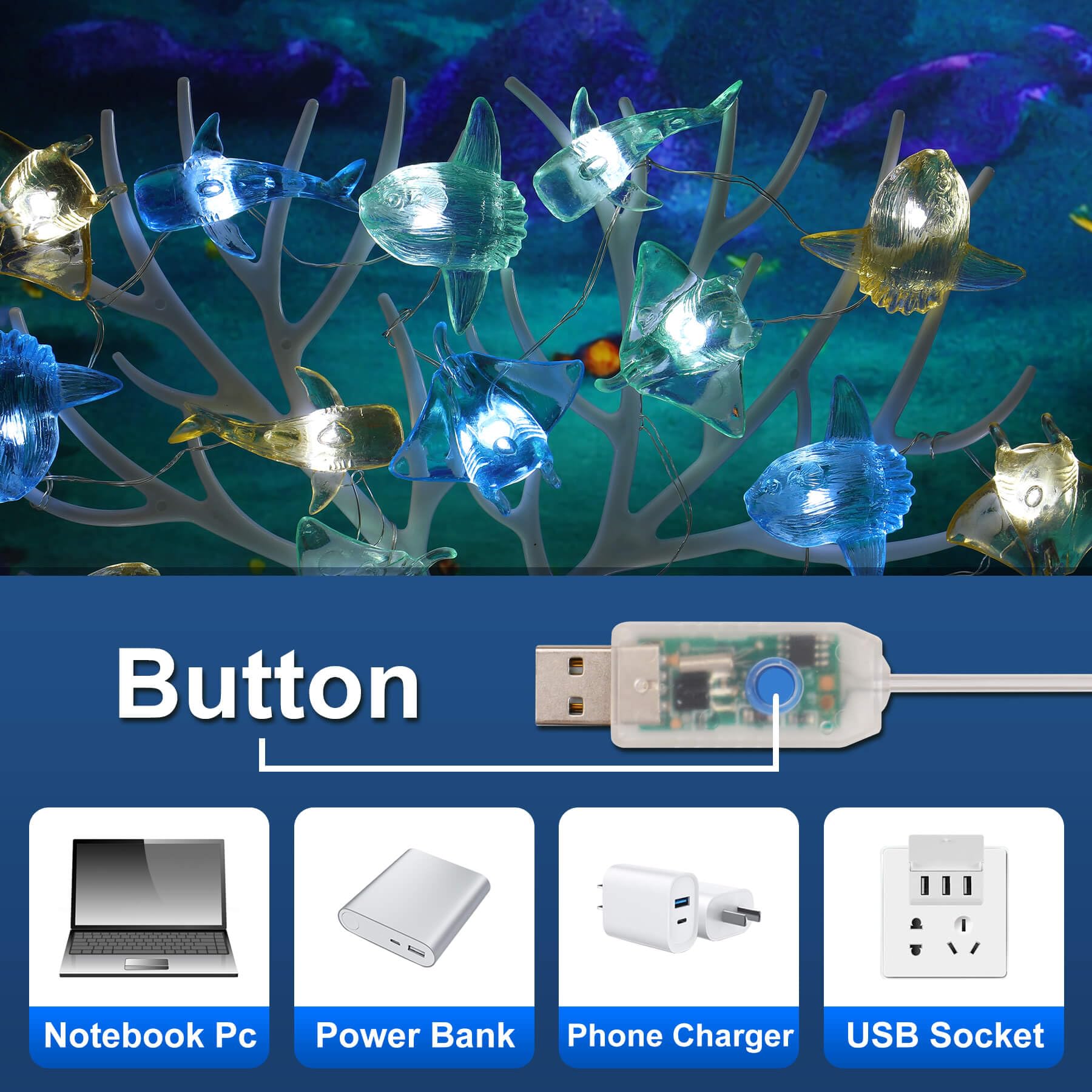 Ocean Themed Sea Life Fairy Decorative String Lights Of Marine Life Cute Lights Whale Shark Sunfish Manta Ray 10Ft 30 Leds Usb Operated With Remote Control For Bedroom Beach Party Decoration