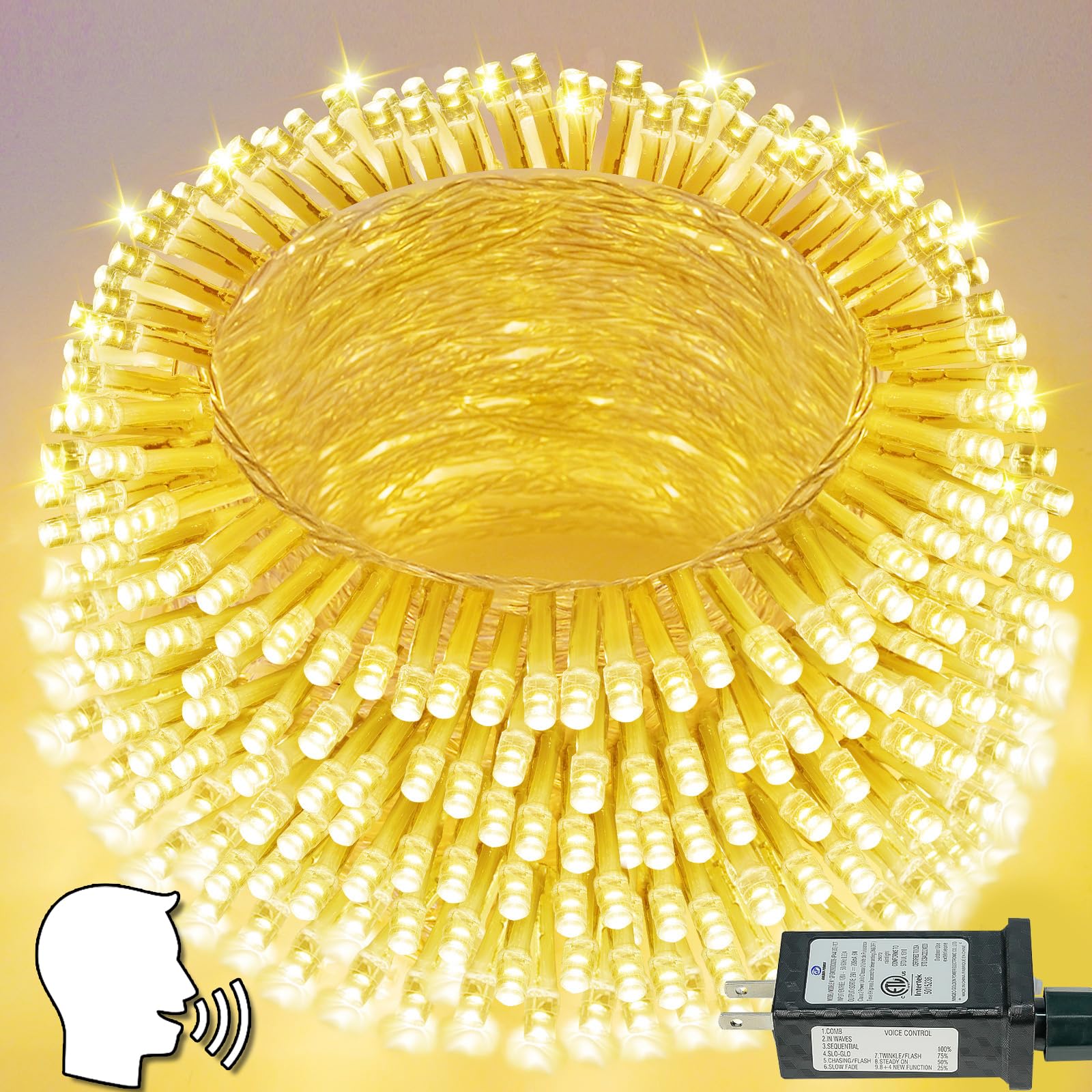 Voice Control Smart Christmas Lights Indoor Outdoor  Clear Wire 66Ft 200 Led String Lights Waterproof  12 Modes Twinkle Fairy String Light For Xmas Tree Wedding Party Bedroom Decorations (Warm White)