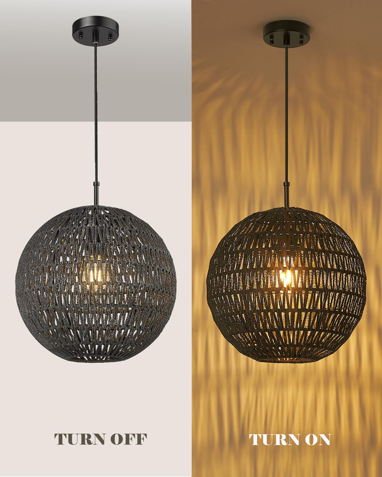 Elyona 14&quot; Modern Woven Chandelier - Black Boho Rattan Pendant Light For Dining Room, Kitchen, Foyer