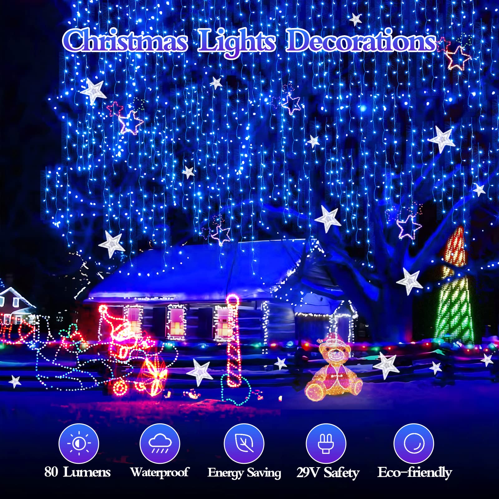 FLVOECN LED Outdoor Christmas Lights, 1600 LED, 164FT, 8 Modes, Timer, Waterproof, Blue, Model BG-CL3M3-306L01