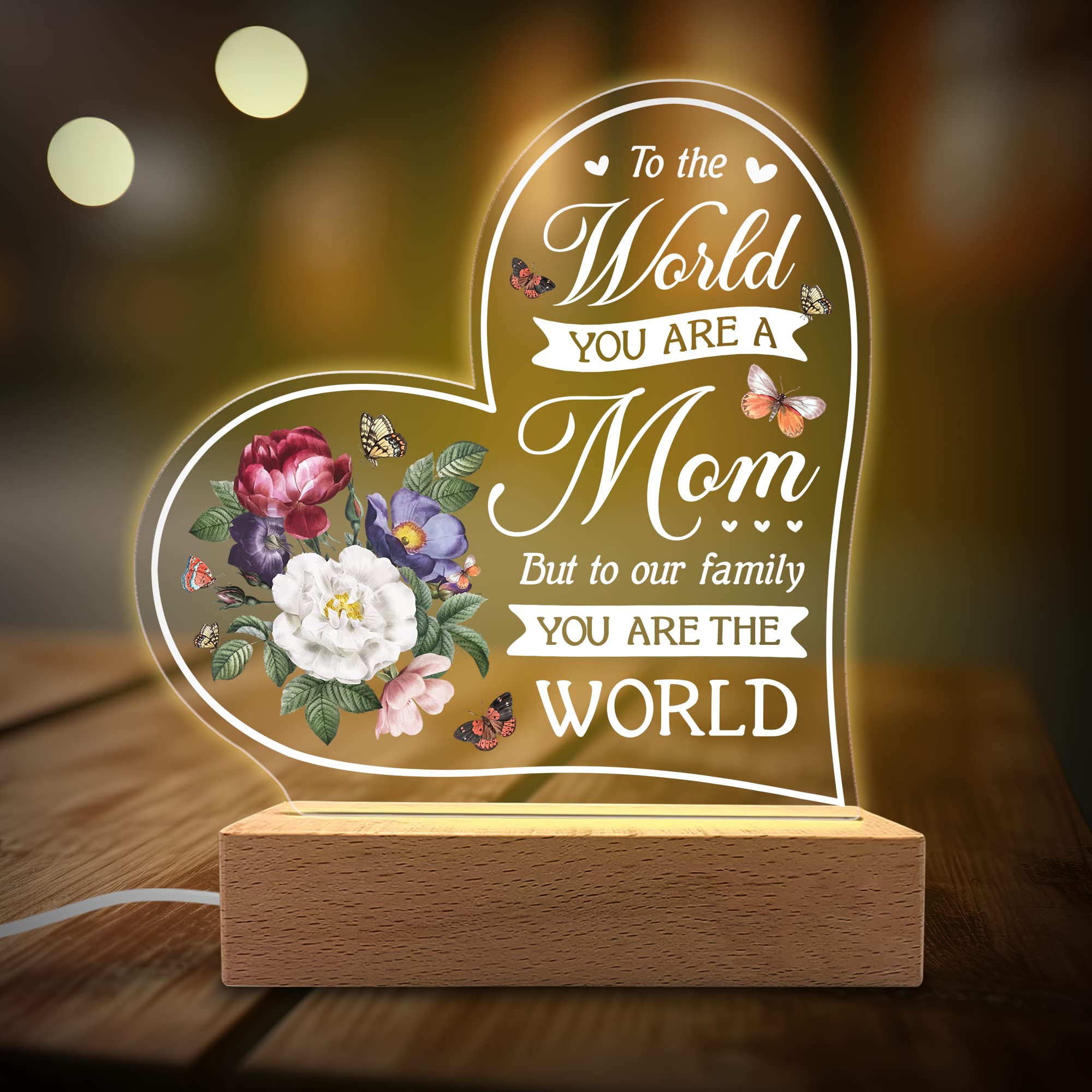 Kitchenvoy Acrylic Night Light Gift For Mother - To Our Family You Are The World - Acrylic Light Gift For Mom From Son, Daughter
