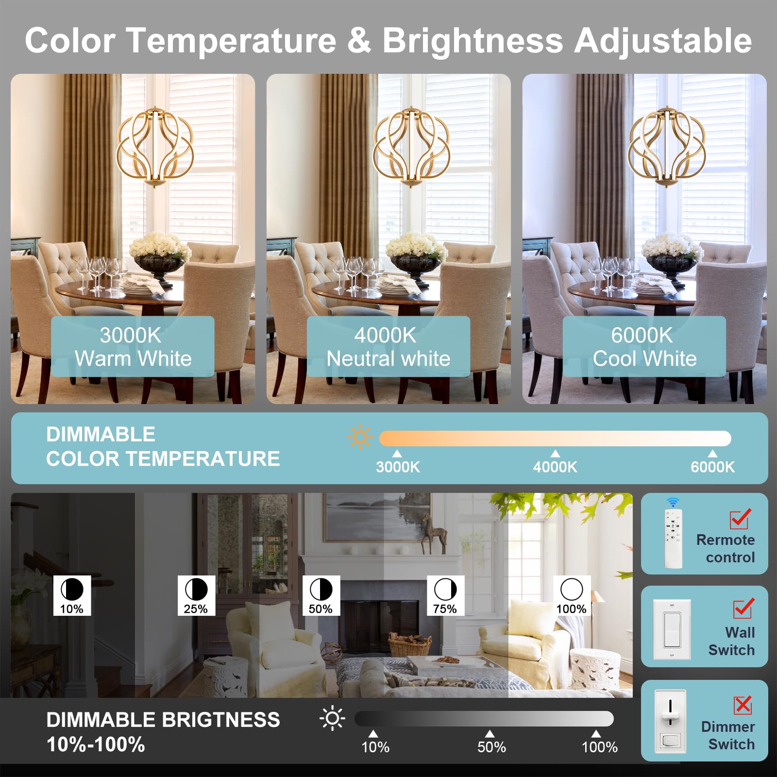 CHYING Modern LED Chandelier 10-Light Gold Dimmable Pendant Light 70W Remote Control Adjustable Height for Dining Room Foyer Kitchen
