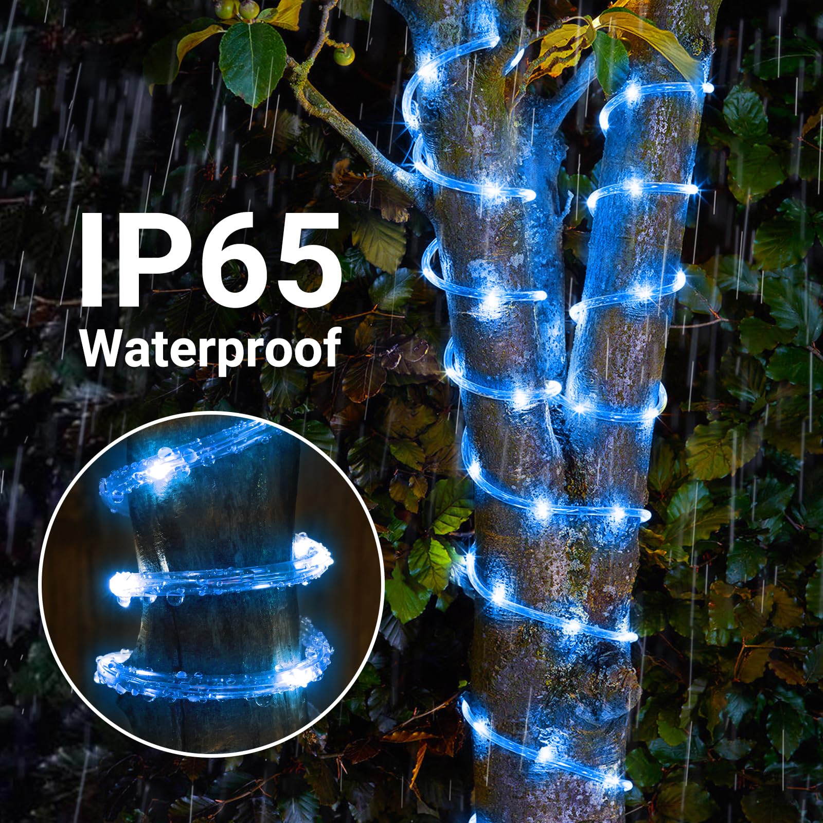 Jnaurb Solar Rope Lights, 400LED 132ft Waterproof String Lights, Flexible Plastic, 8 Modes, Blue