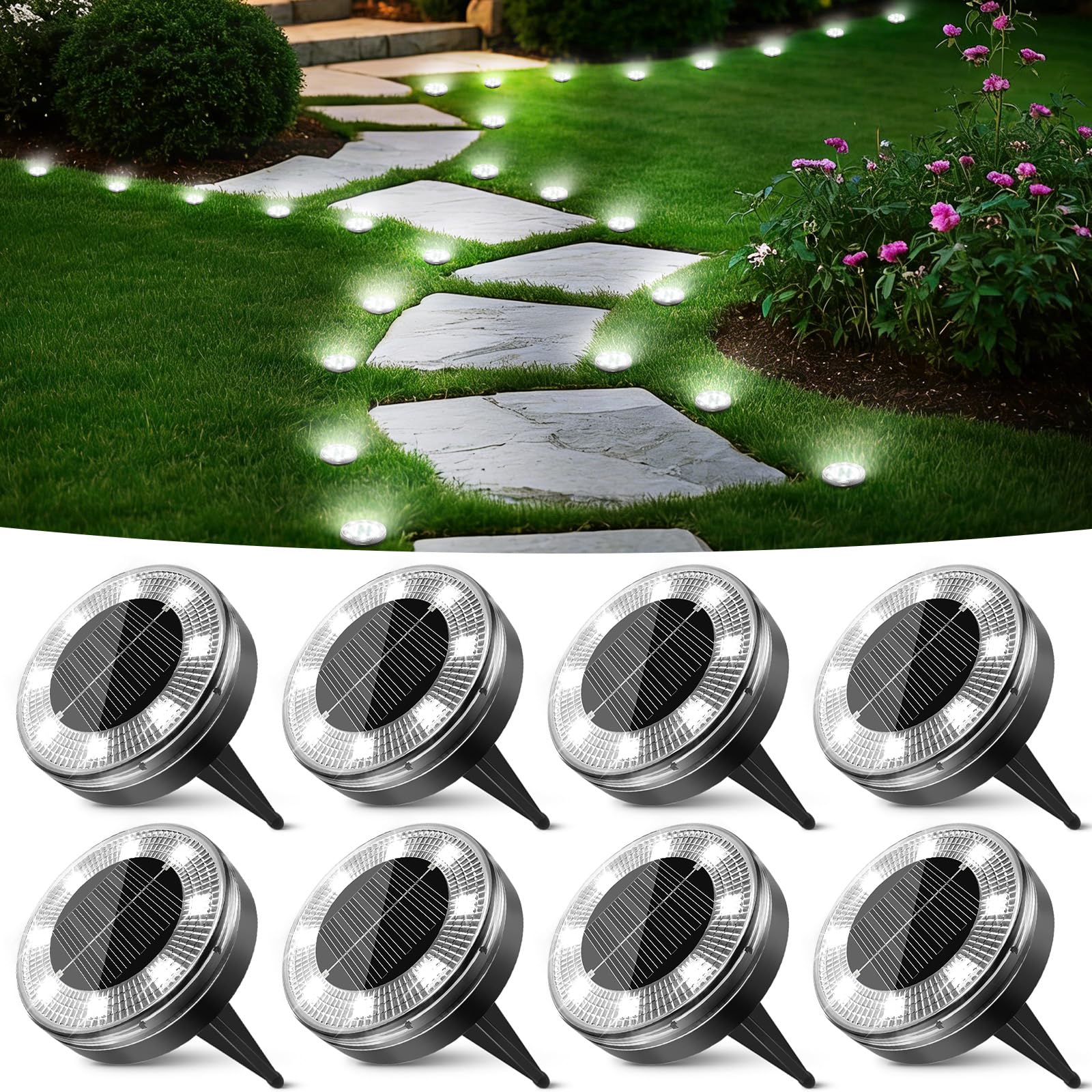 Peasur Mini Solar Ground Lights  8 Pack Flat Solar Disc Lights Outdoor Waterproof  2.3 Inch Small Solar Garden Lights Landscape Lighting for Outside Pathway Garden Yard Lawn Walkway Cool White