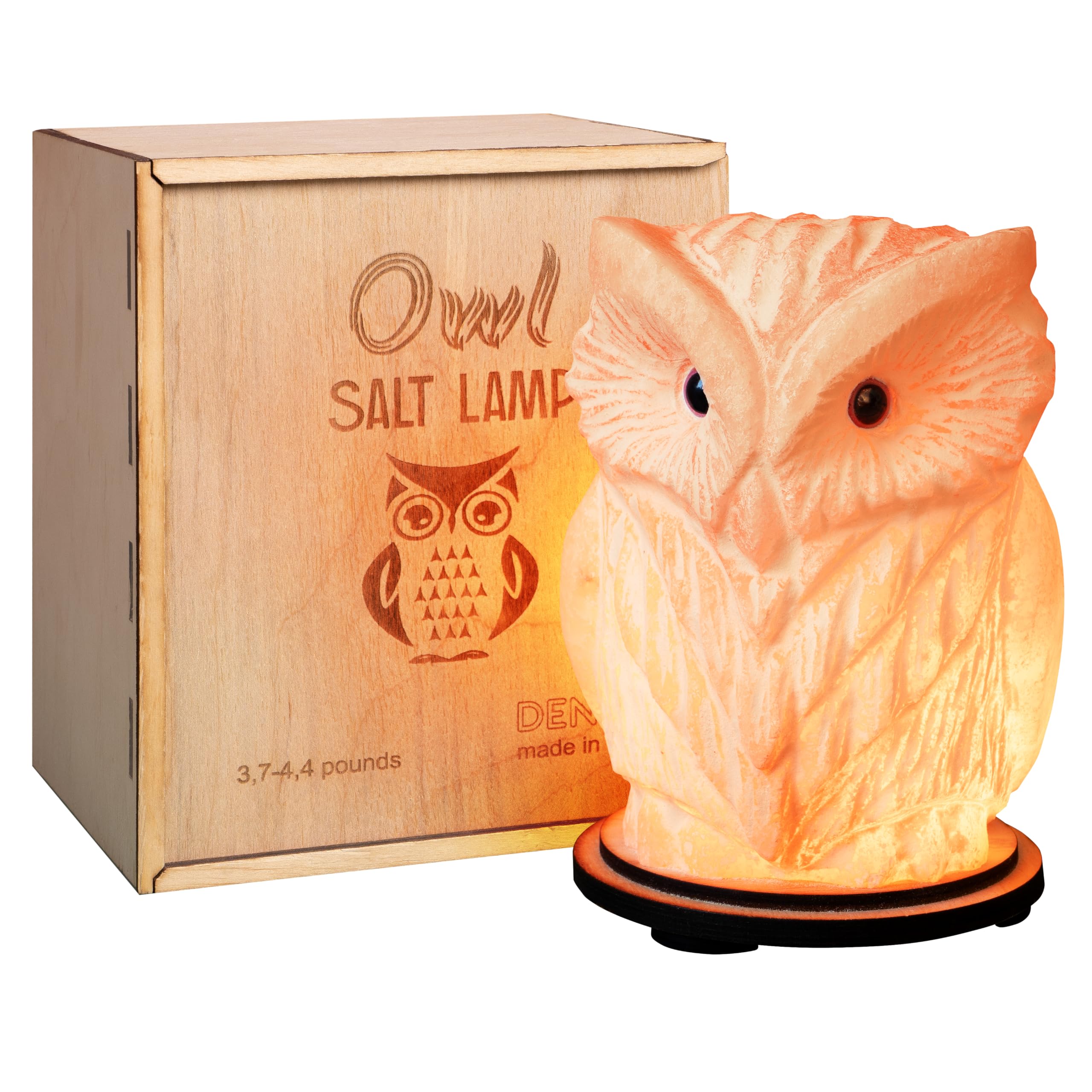 Owl Crystal Salt Lamp H 6.7   , 4.4 lbs - Pure Natural Rock Salt - Unique Night Light Lamp - 1 Light Bulb as a Gift - Wooden Pre
