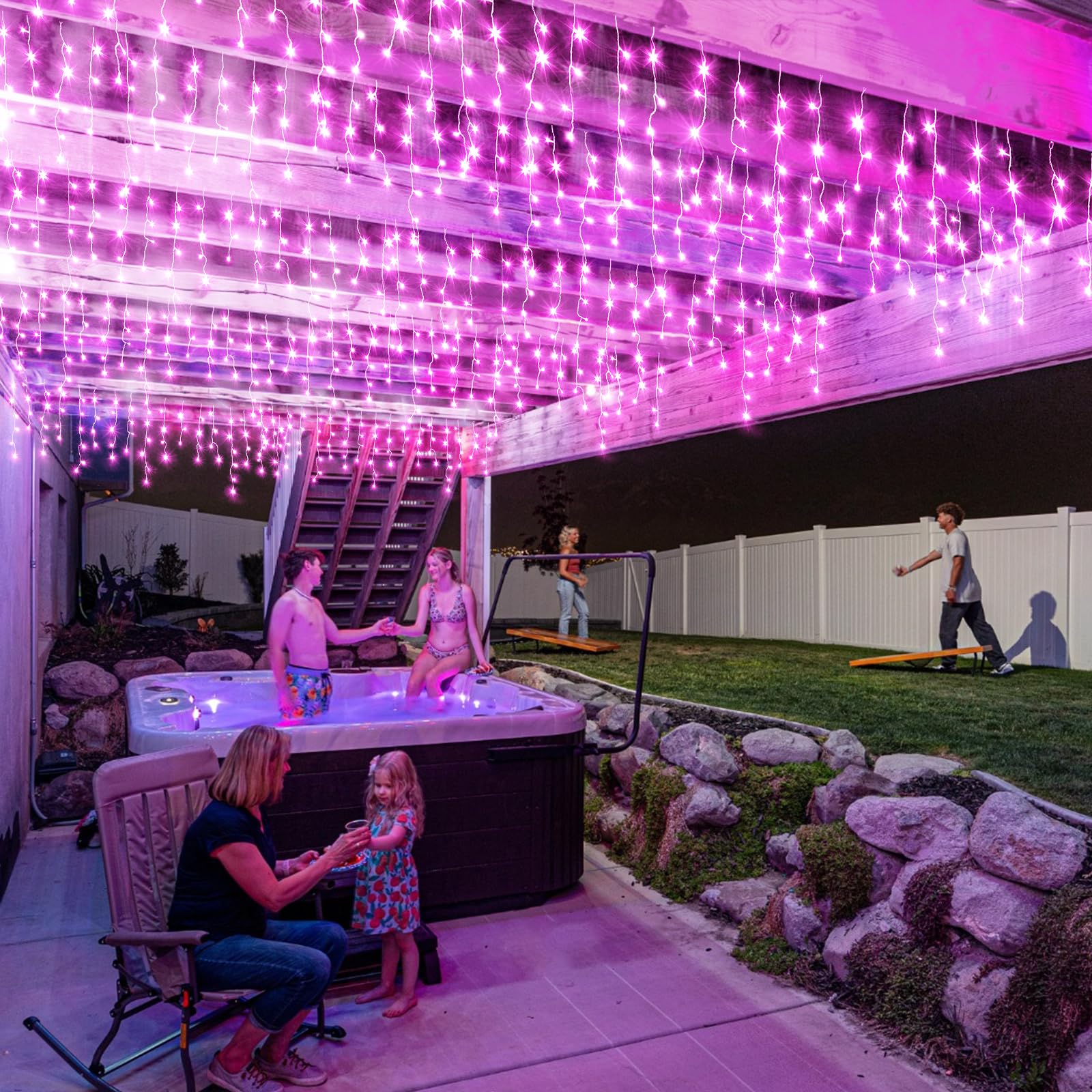 Einiiya Christmas Lights Outdoor 66ft 640 LED Waterproof Pink Icicle Lights, 8 Modes, Model BG-CL3M3-306L01