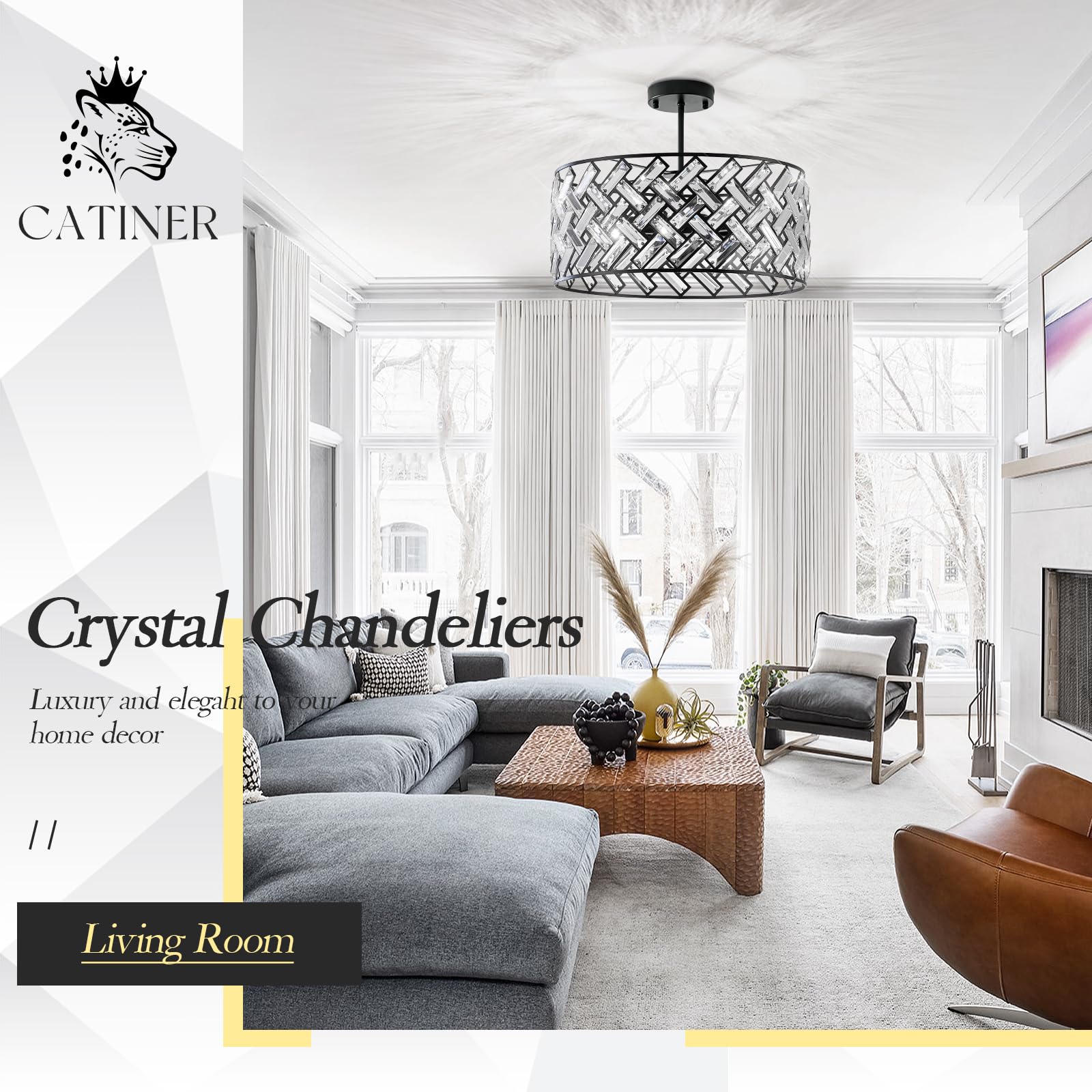 CATINER Black Modern 18" Crystal Chandelier, 6-Light Semi Flush Mount, Metal Drum Shade for Kitchen, Dining Room, Bedroom, Hallway