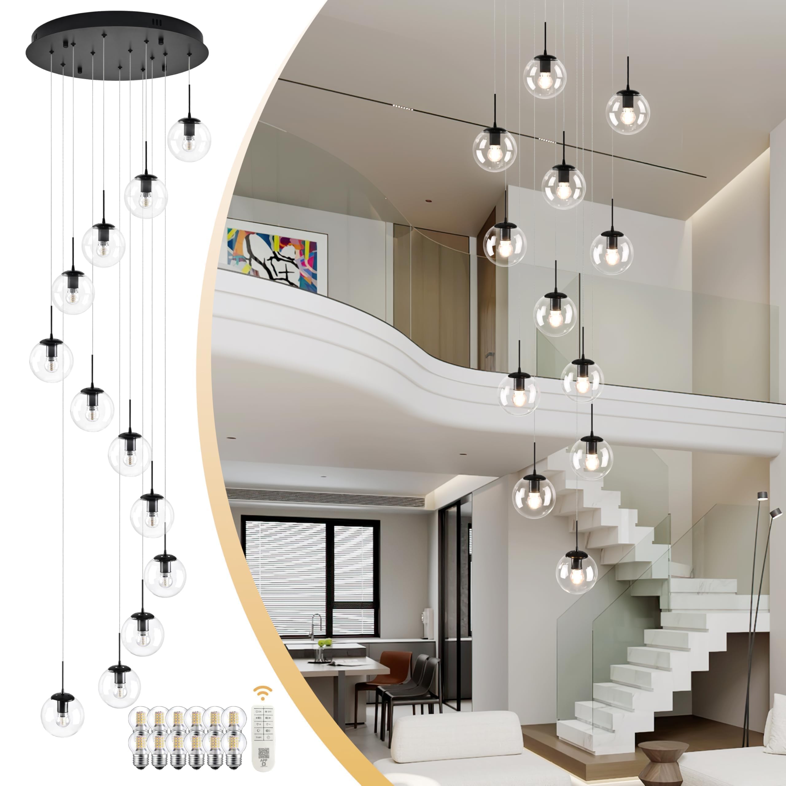 Koko&Yukina 12-Light Black Mid Century Modern Chandelier For Living Room Staircase Chandelier For Entryway Clear Globe Glass Cha