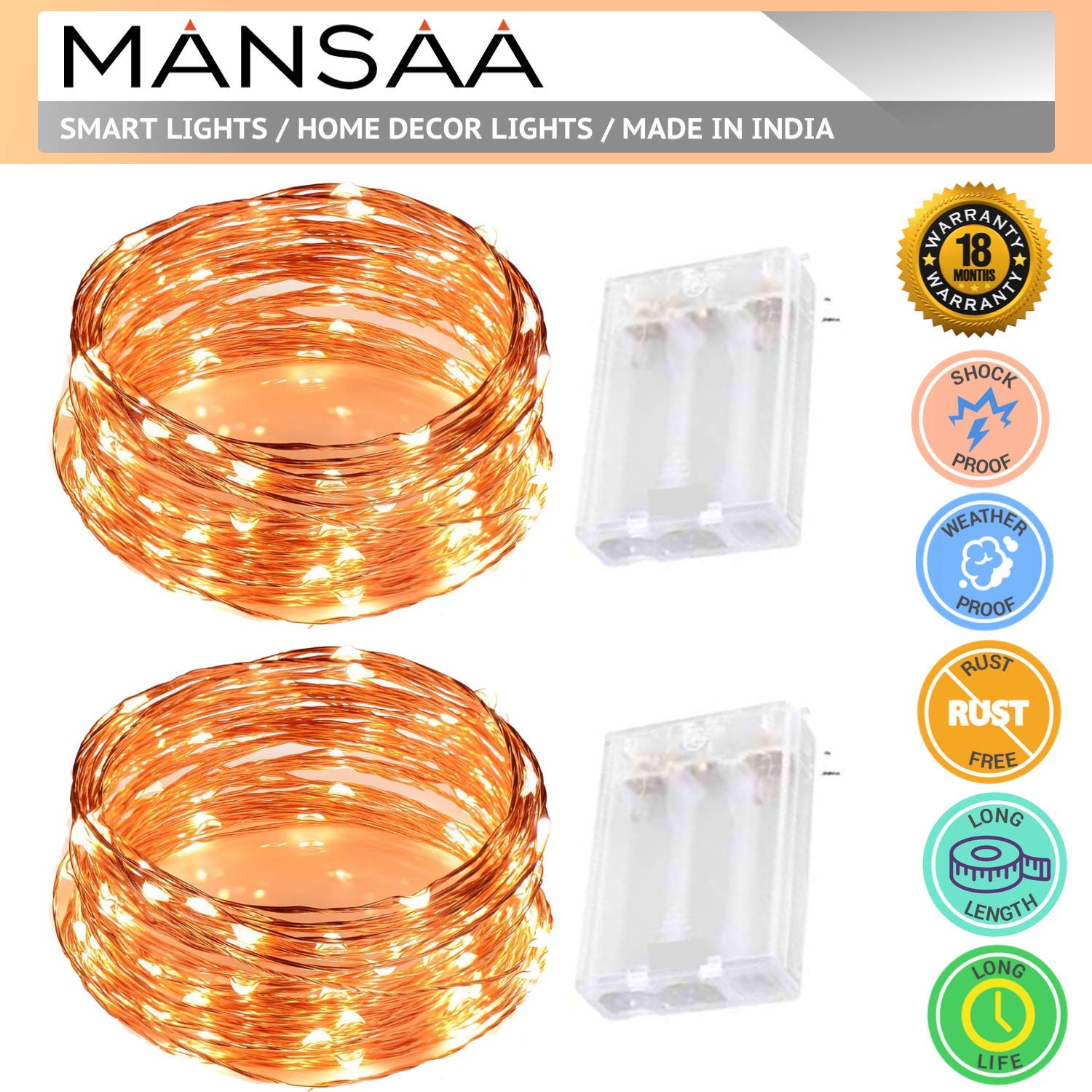 MANSAA M25 Battery Operated LED String Light | 5 Meter 50 LEDs | Yellow Color | Battery Led Lights | Home Decor | Pack of 2