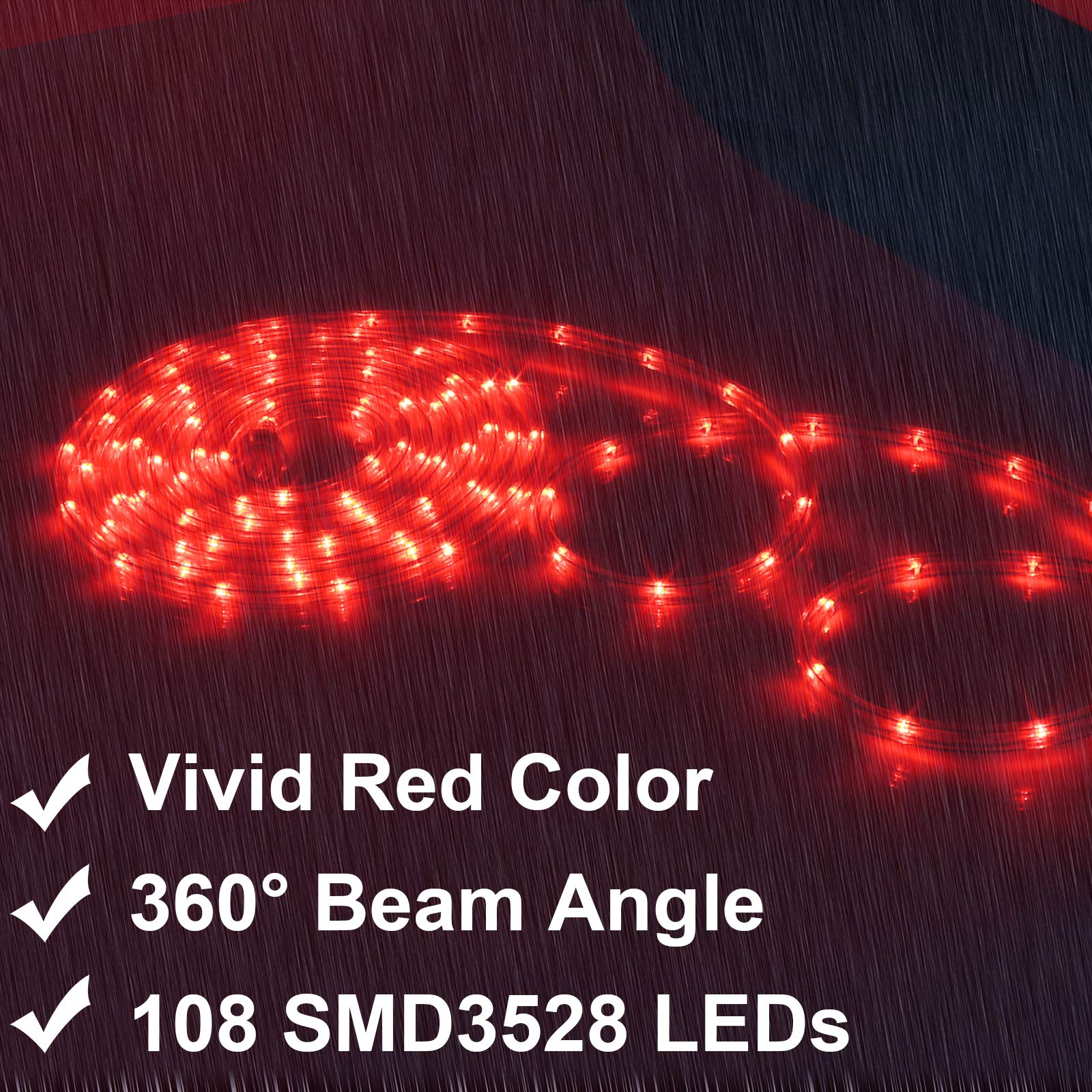 Areful Rope Lights, Waterproof 16ft Connectable Strip Lighting, Red, Indoor Outdoor Mood Lighting for Home, Garden, Party Decor