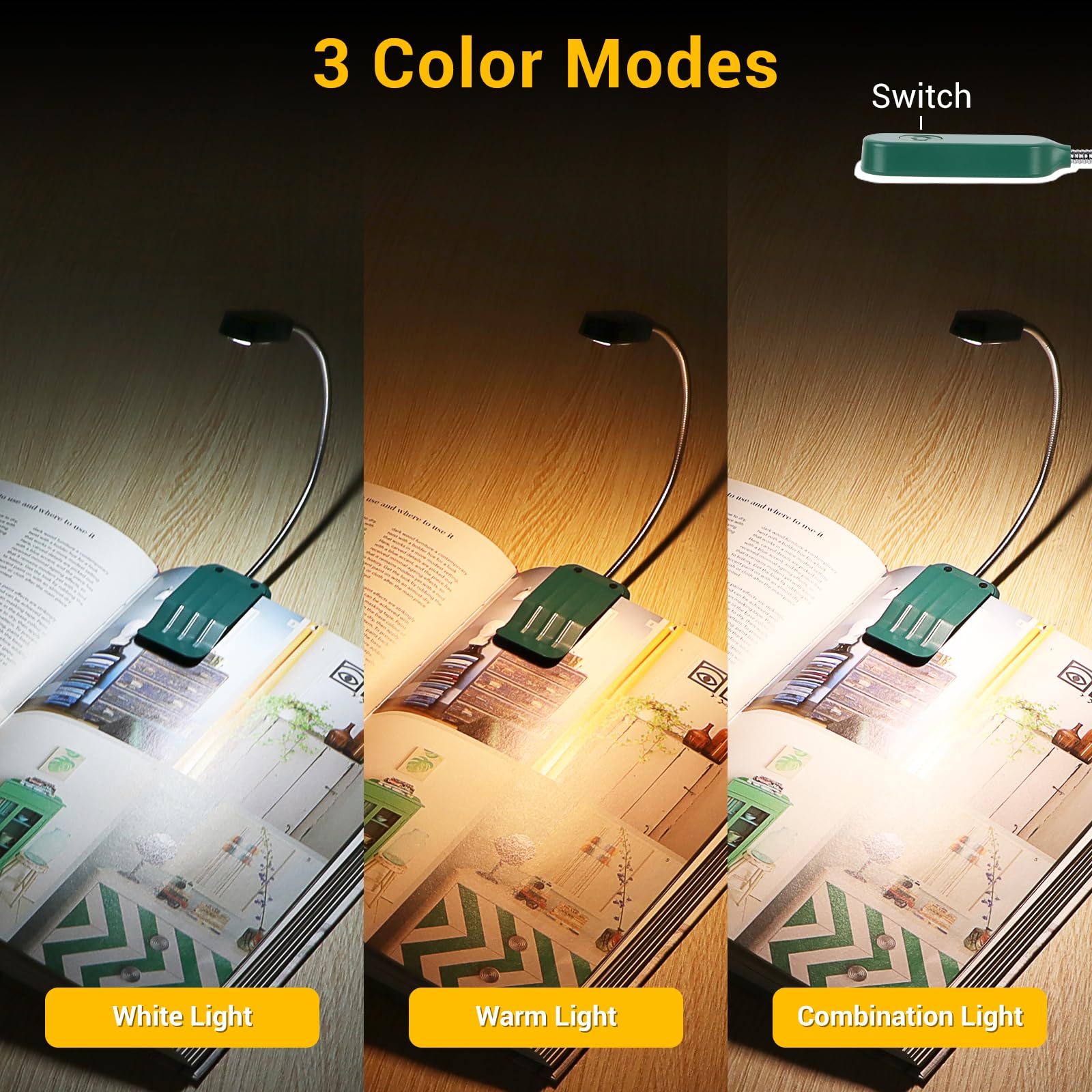 Best World LED Book Light 2 Pack, Rechargeable, 3 Colors, Stepless Dimming, Flexible Clip-on, Green, Model WLM310-BLA-1W-03