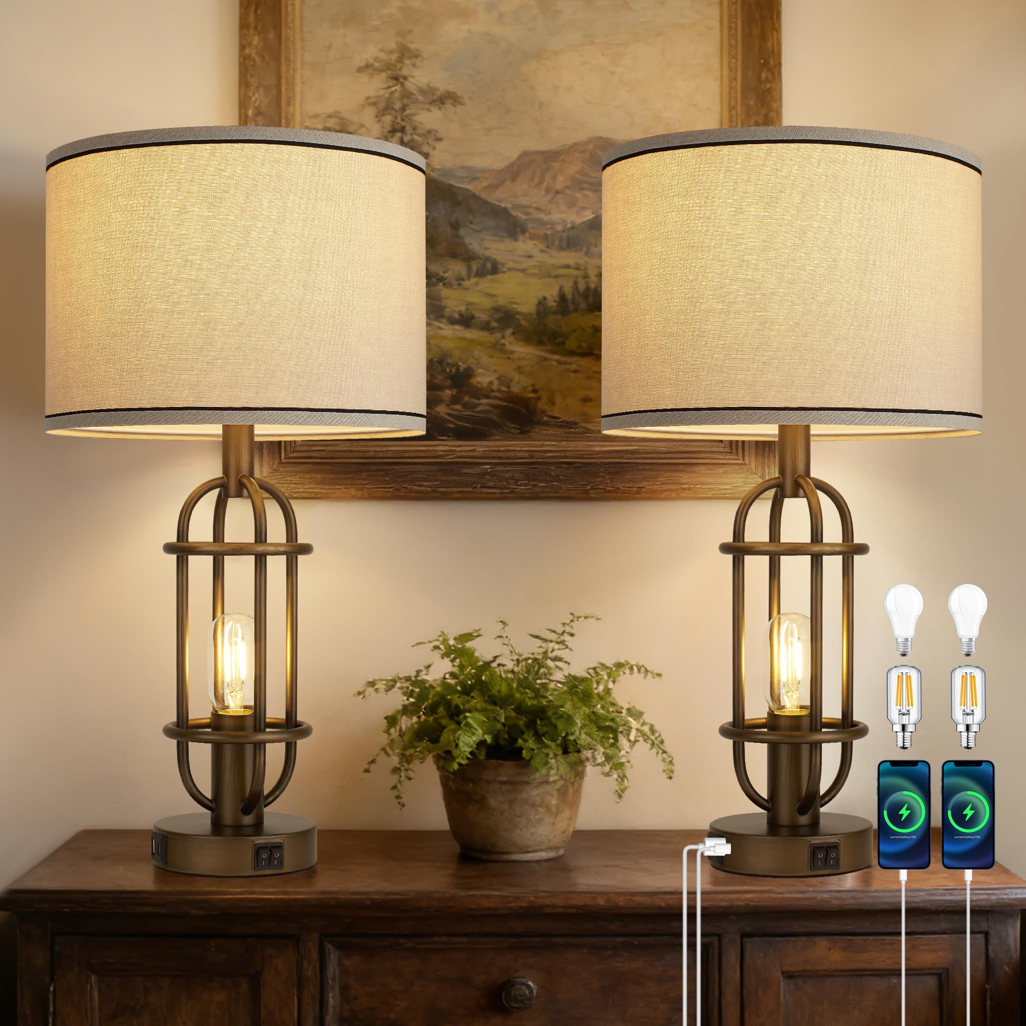 Reaketon Table Lamps for Living Room Set of 2, 22.3 Farmhouse Lamps for Nightstand, Industrial Table Lamps for Bedroom with USB 
