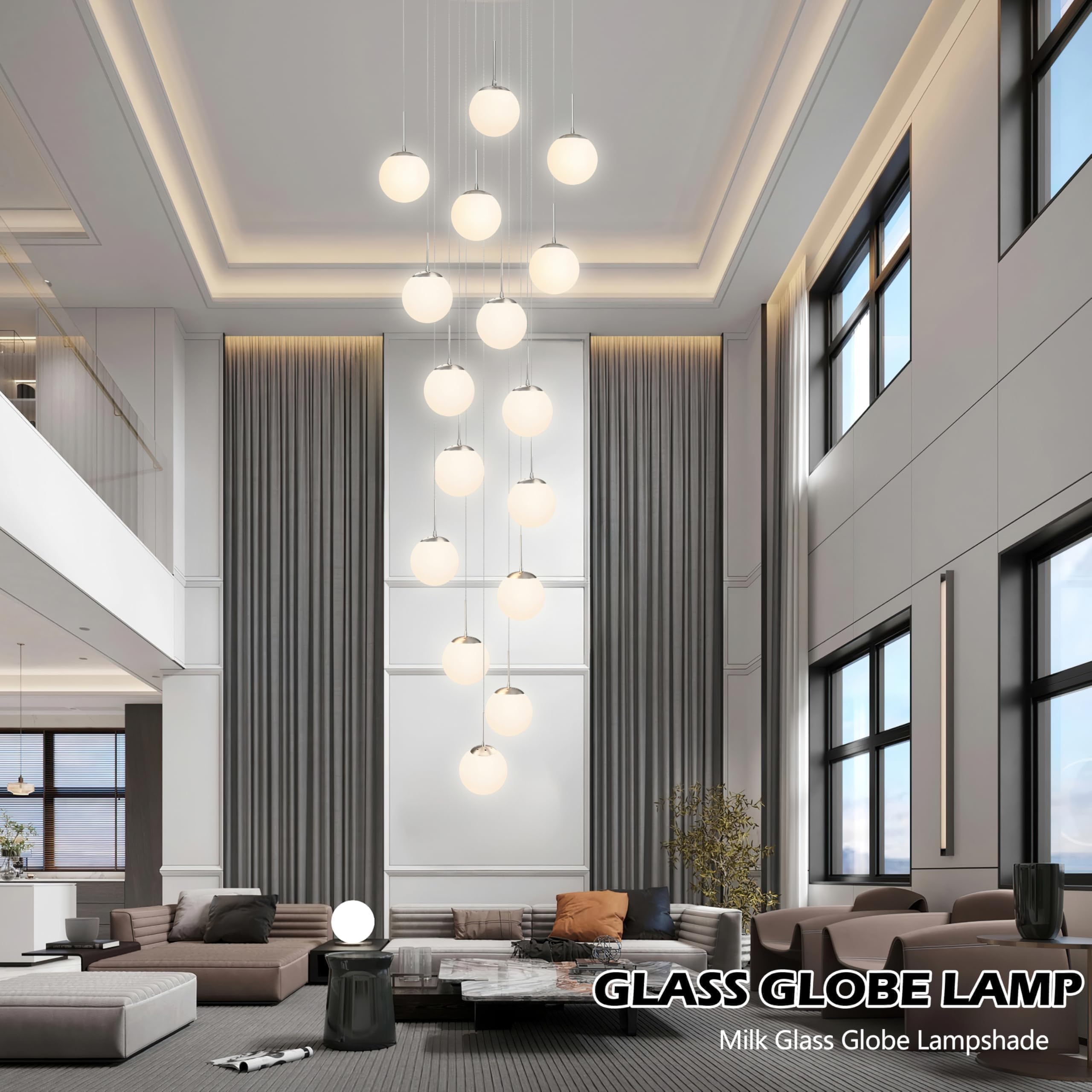 Koko&Yukina 16-Light Nickel Mid Century Modern Chandelier For Living Room Staircase Chandelier For Entryway Globe Milky White Gl