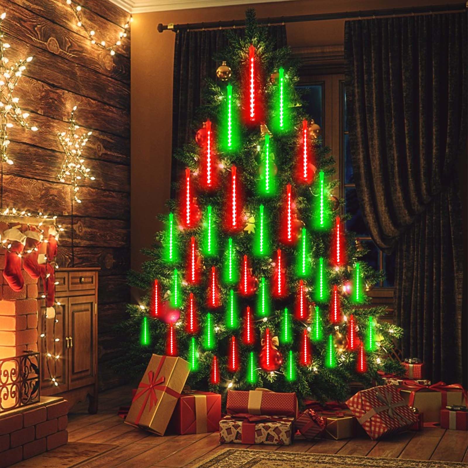 EXF 2-Pack Meteor Shower Lights Outdoor Waterproof 384 LED 30cm Red and Green Plug in Christmas Lights