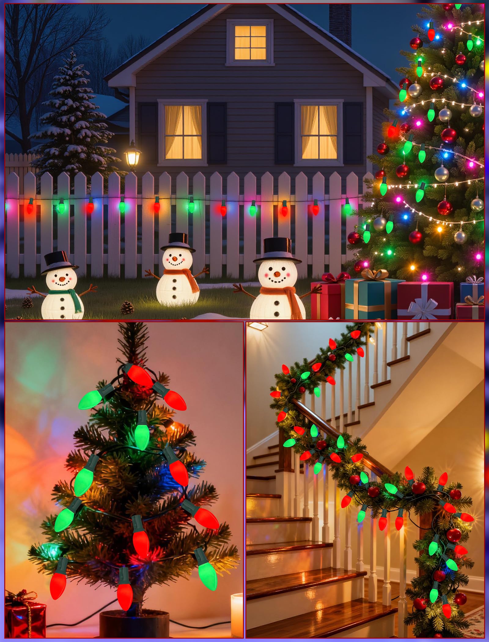 Sunsgne C9 Red And Green Christmas Lights  25Ft Glass Ceramics Christmas Tree Lights With 26 7W Red White Glass Bulbs(1 Spare) For Backyard Patio Balcony Xmas Decor  Green Wire