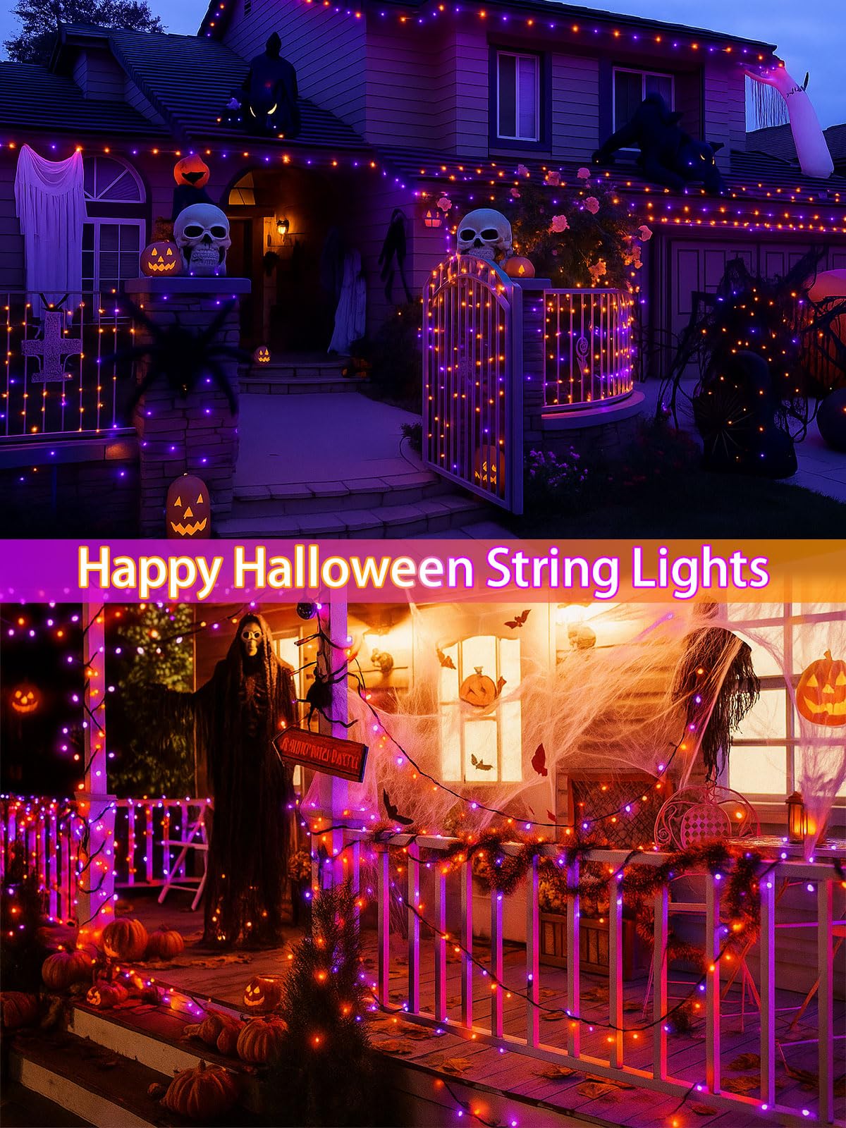 4 Pack 180Ft Halloween Solar Lights Outdoor Waterproof, 320Led Orange And Purple Solar String Lights Green Wire 8 Modes, Solar F