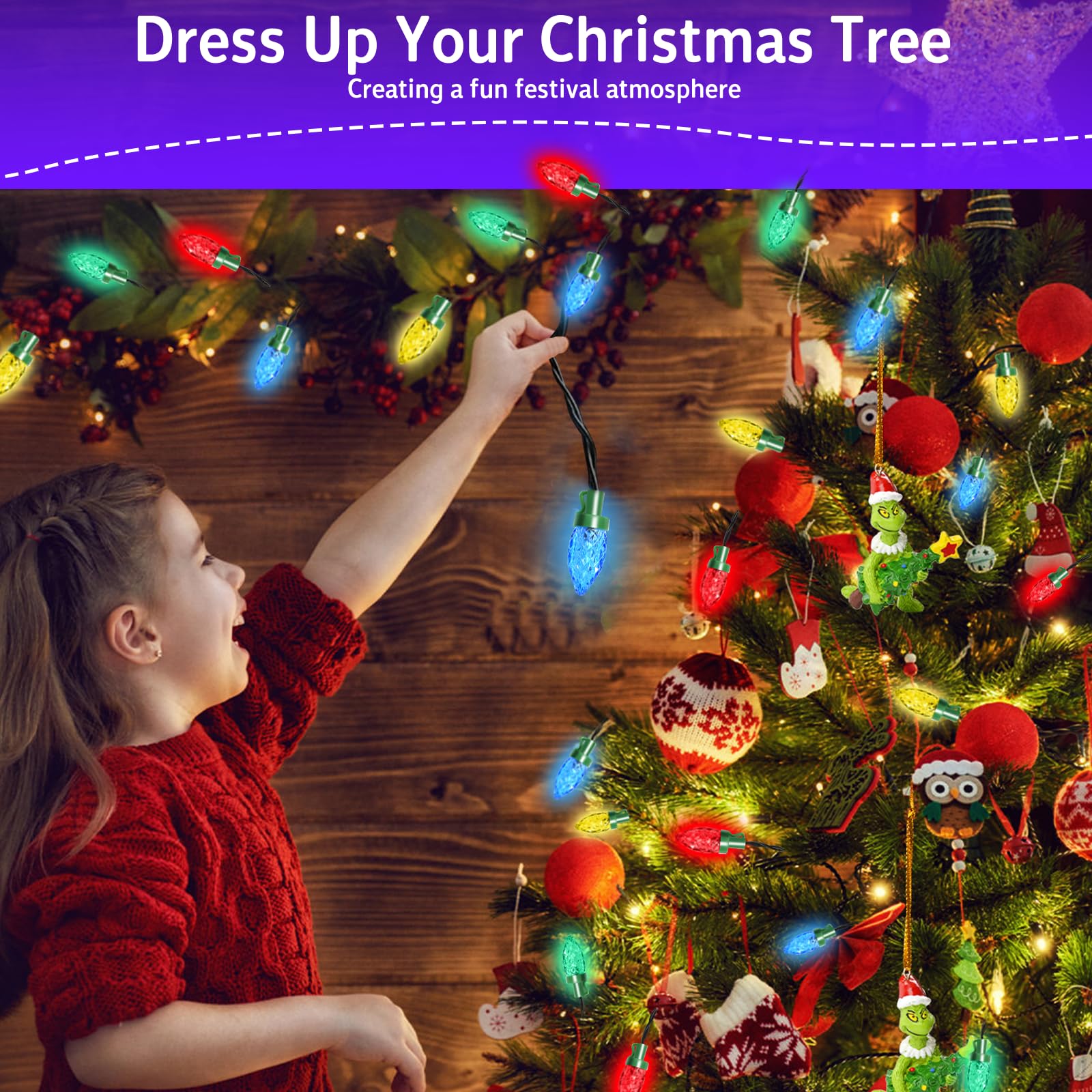 Solar String Christmas Lights C7 31Ft 50 Led Colourful Strawberry Hanging Lights Outdoor Waterproof Green Wire Fairy Light Decor