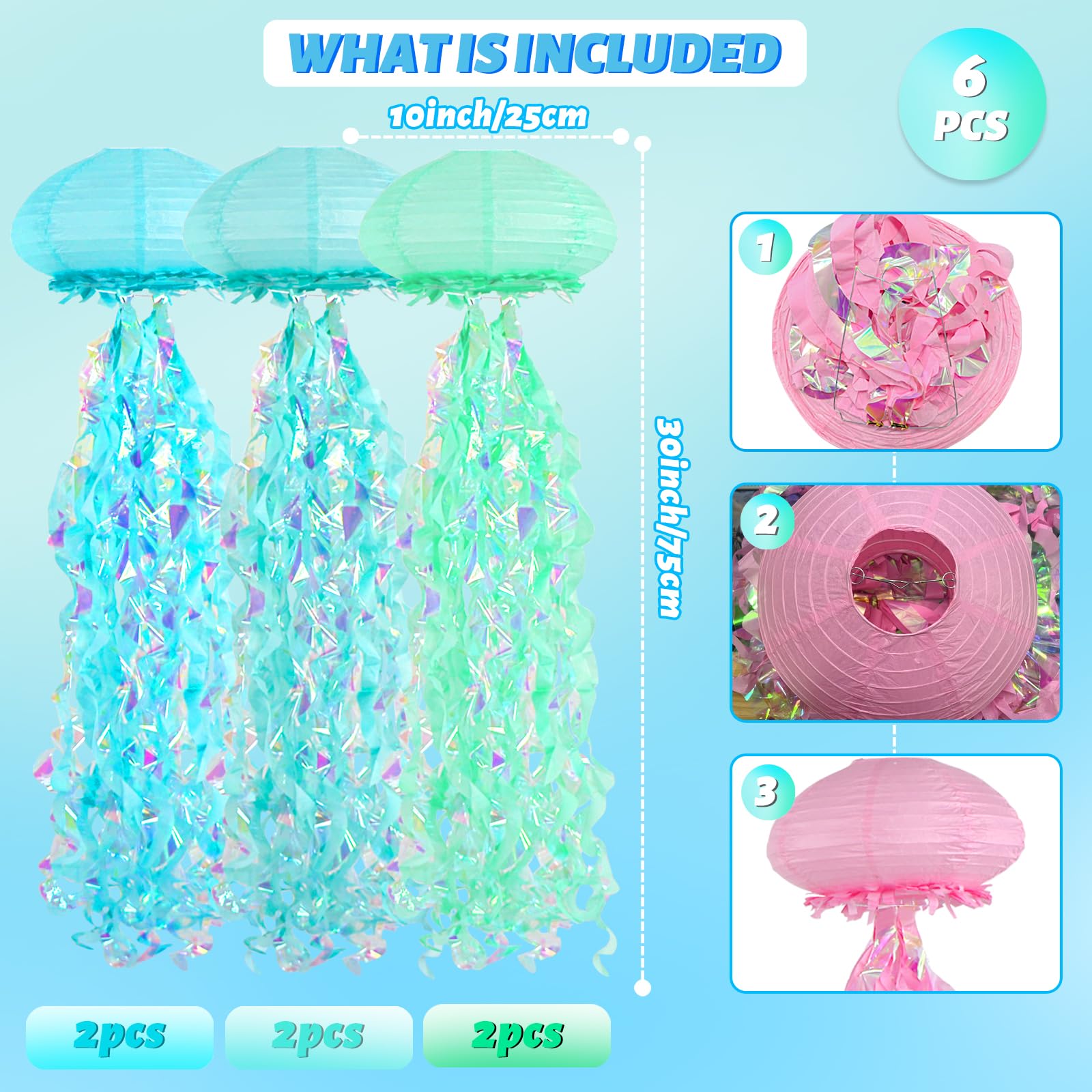 Jellyfish Paper Lanterns, Under The Sea Party Decorations, Light Blue Green Cyan Hanging Jelly Fish Lantern For Kids Birthday De