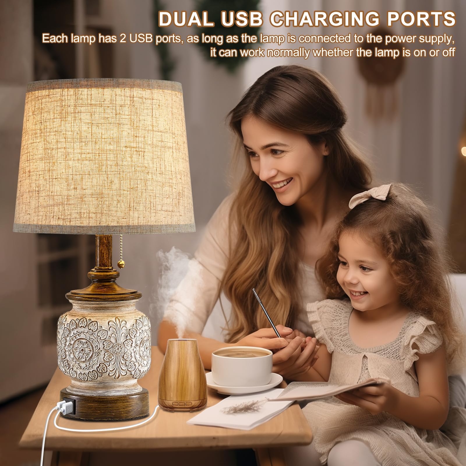 19.5'' Farmhouse Table Lamps For Bedrooms Set Of 2 Vintage Bedside Lamps For Nightstand With Usb Charging Ports Traditional Rusi