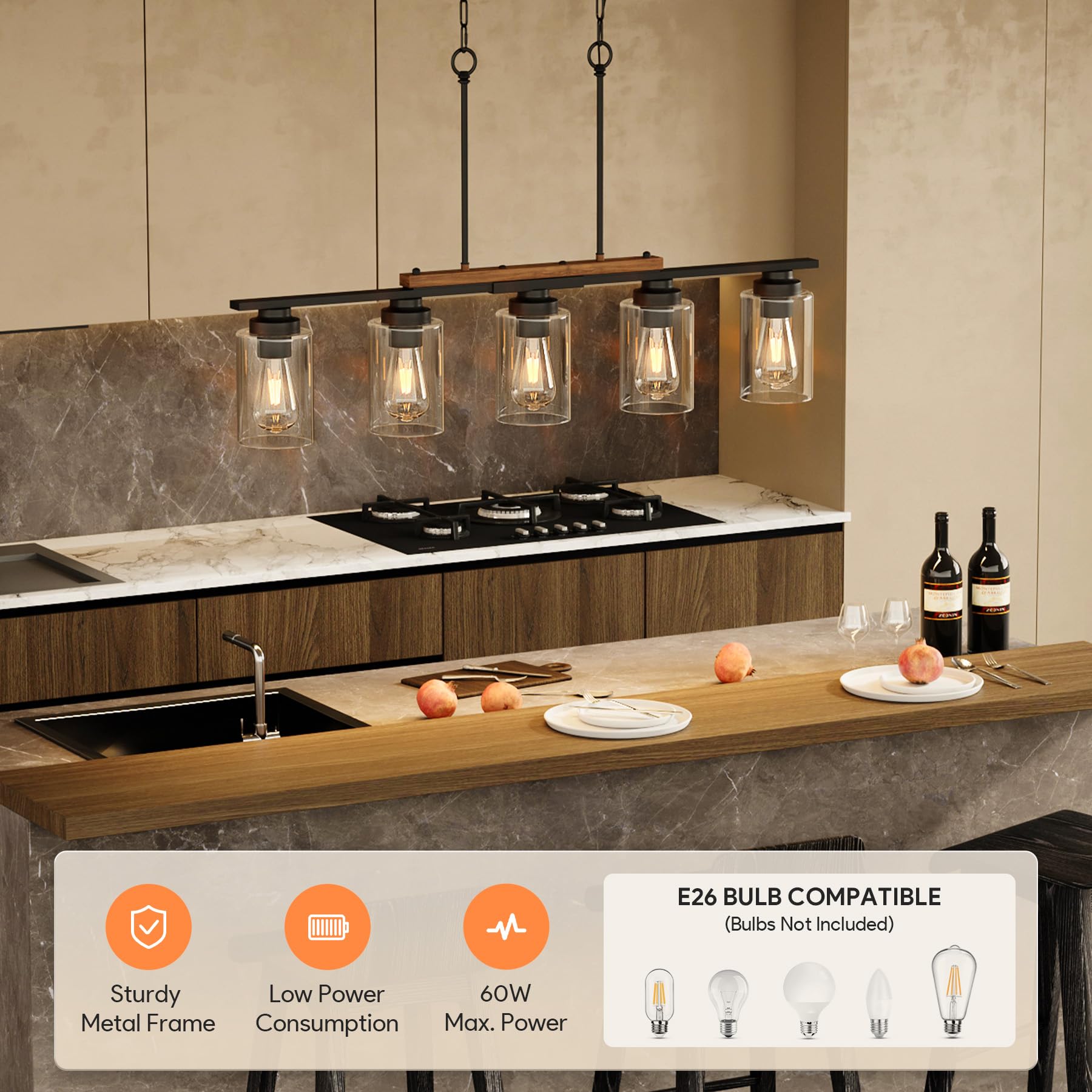 Vonluce Dining Room Light Fixture Over Table, 5-Light Kitchen Island Lighting With Glass Shade And Adjustable Rods, Farmhouse Li