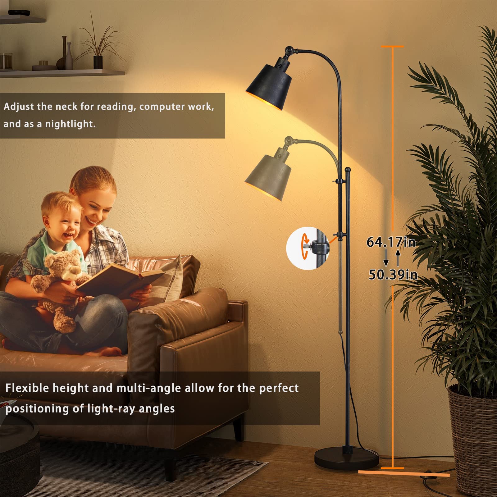 Floor Lamp, Industrial Floor Lamps For Living Rooms & Bedrooms - Rustic Farmhouse Reading Lamp Standing, Adjustable Metal Heads