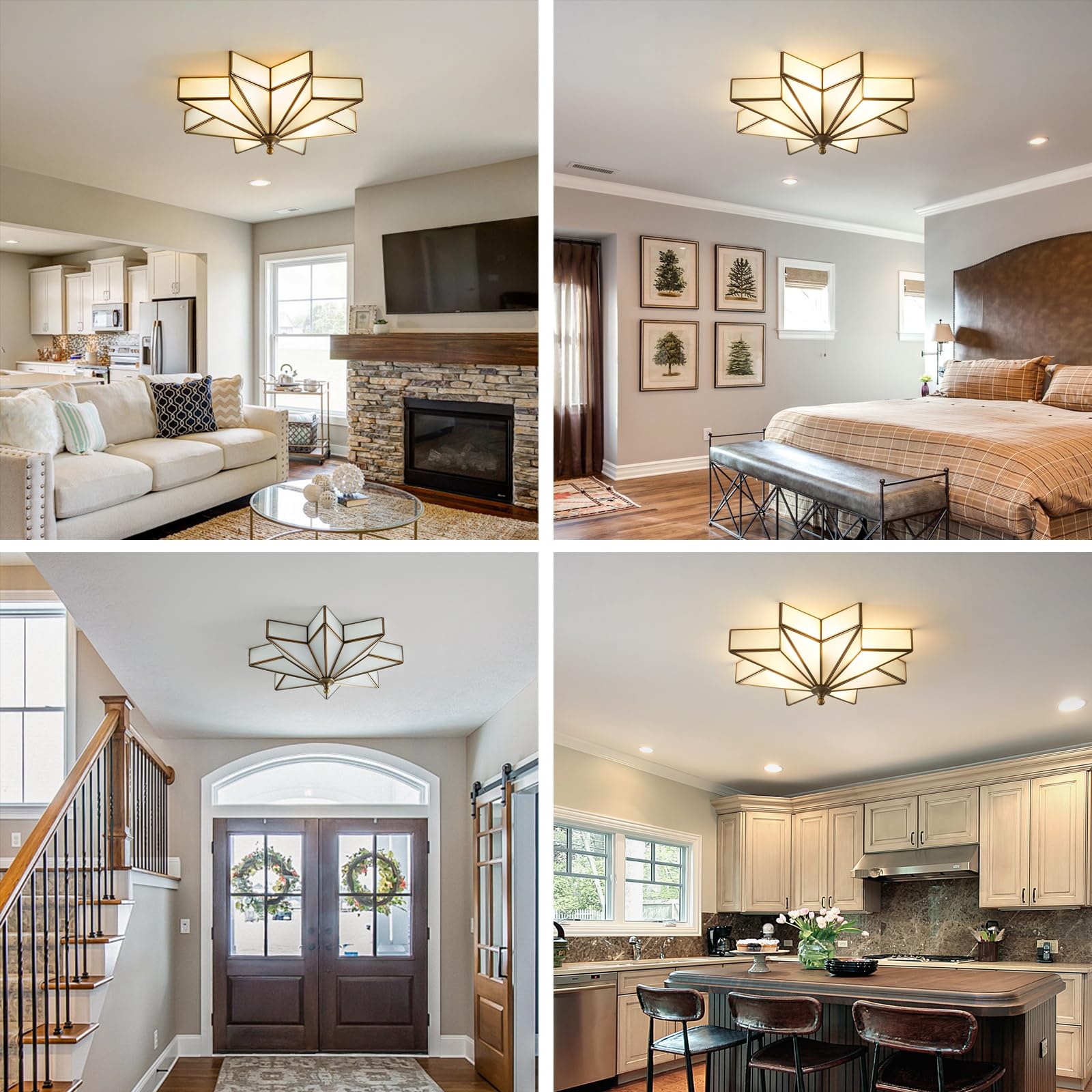 Mazu house Black Star Flush Ceiling Light - 19.5 Inch Brass Glass Fixture - Bronze with Frosted Glass - Model DDXD08-TH-480