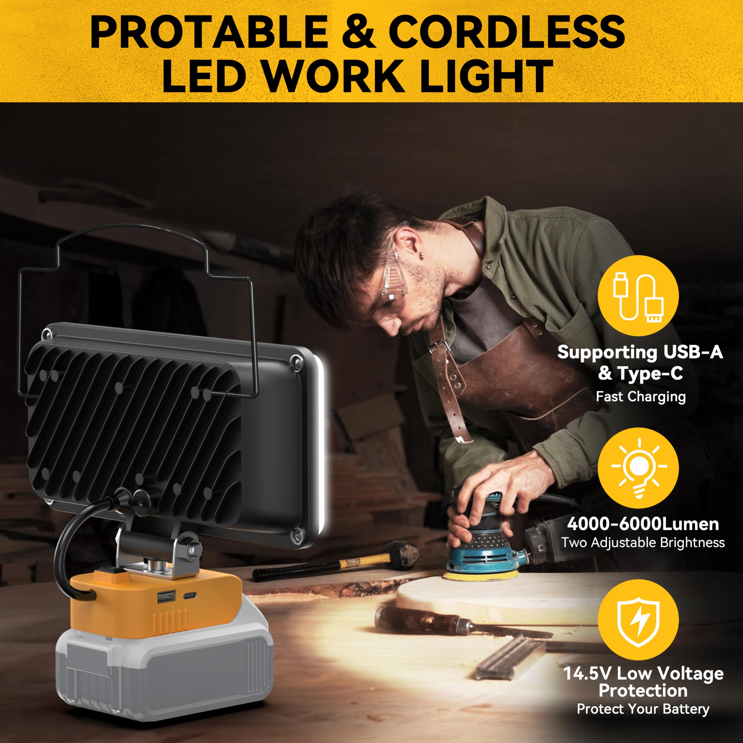 Cordless Led Work Light For Dewalt 20V Battery, 60W 6000Lumen Portable Light 20V Hand Held Tool Only With Usb & Type C Charger Port & Low Voltage Protection For Camping, Outdoor, Emergencies,Underhood
