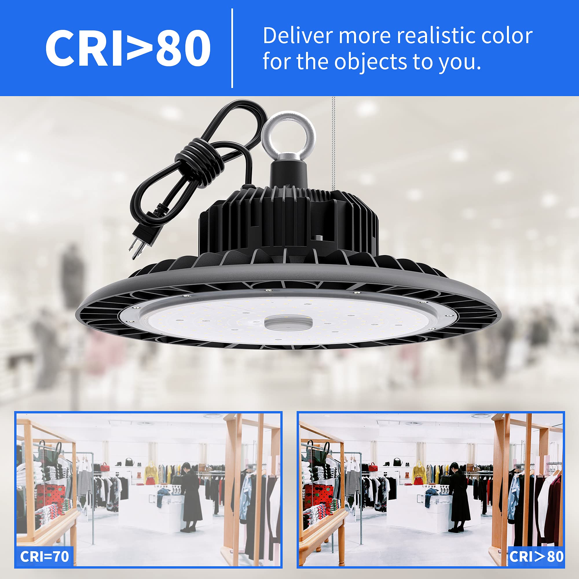 Hugtek UFO LED High Bay Light 100W, 14000 LM, IP65 Waterproof, 5000K Daylight, Aluminum, Black, Model HT-AUFO100E