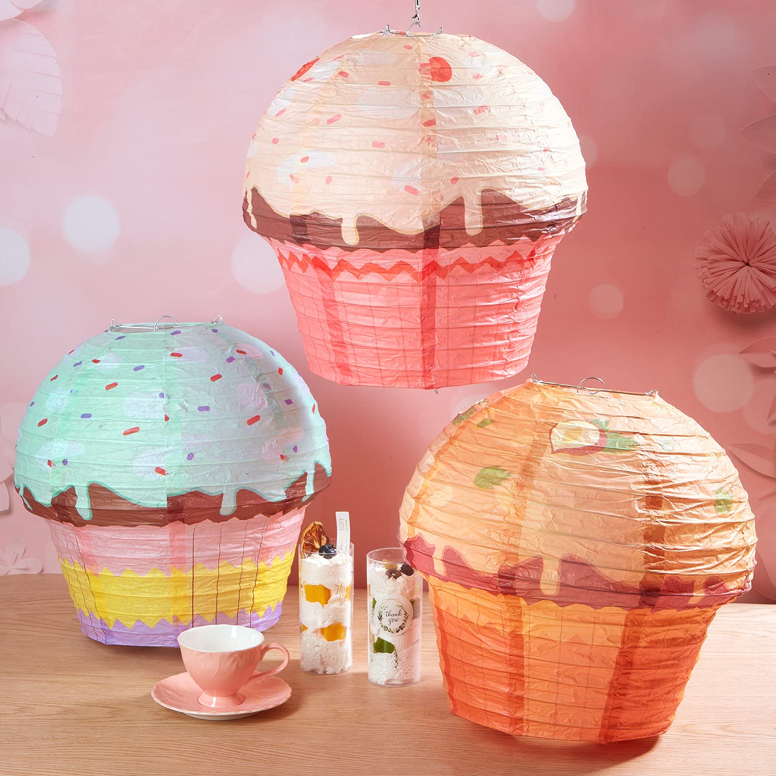 Riakrum 3 Pieces 12 Inches Large Candyland Cupcake Party Decoration Cupcake Paper Lanterns Donut Lanterns Ice Cream Party Decor