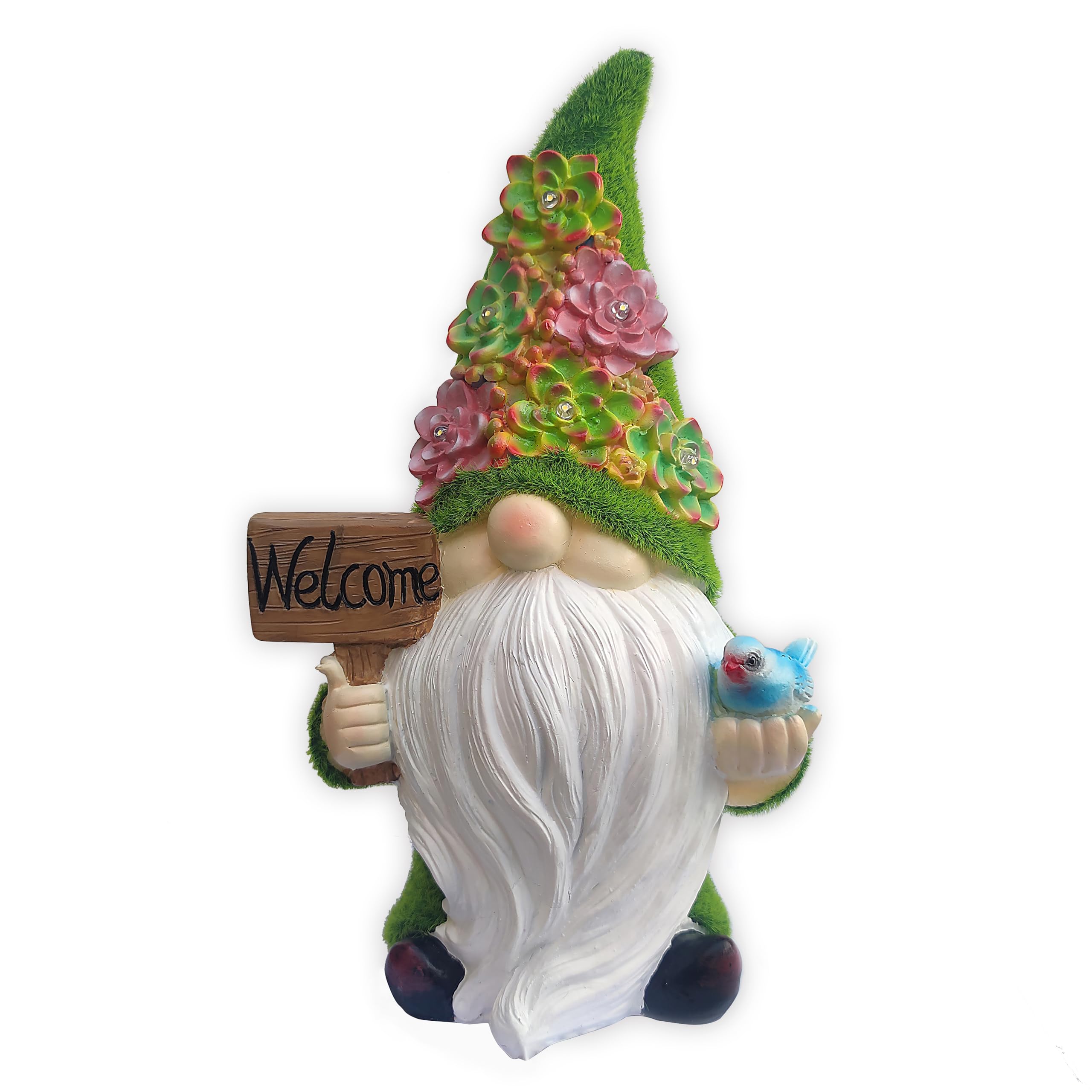Vioyouns Solar Gnomes Garden Statues Resin Gnome Figurine Holding Welcome Card And Bird With Solar Lights  Outdoor Gnomes Decorations For Yard Patio Lawn Porch  Garden Gifts