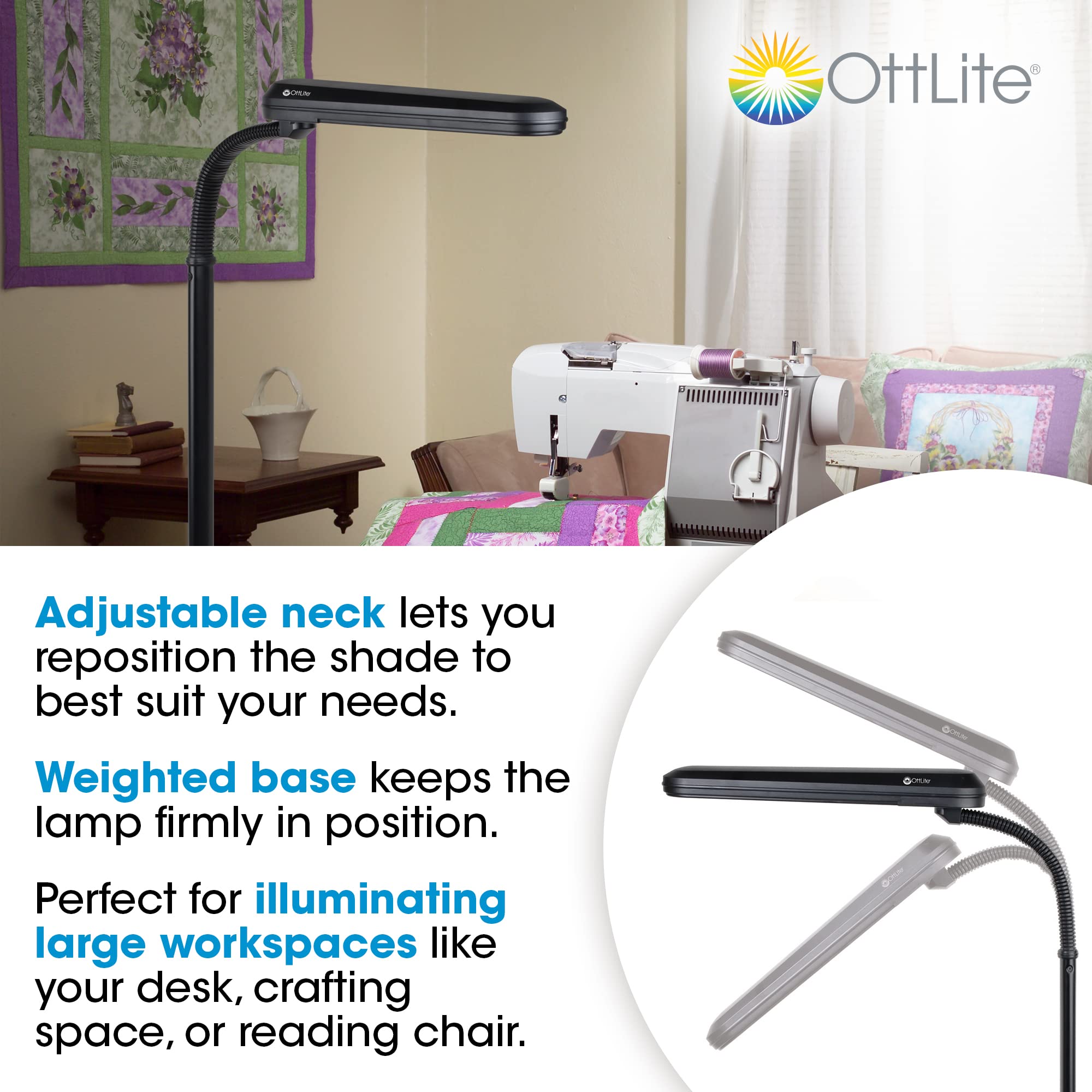 OttLite Standing Floor Lamp - Adjustable Neck, 24w Energy Efficient Light, Large, Black, Model 8FTPN4, Modern Home Decor for Living Room & Office