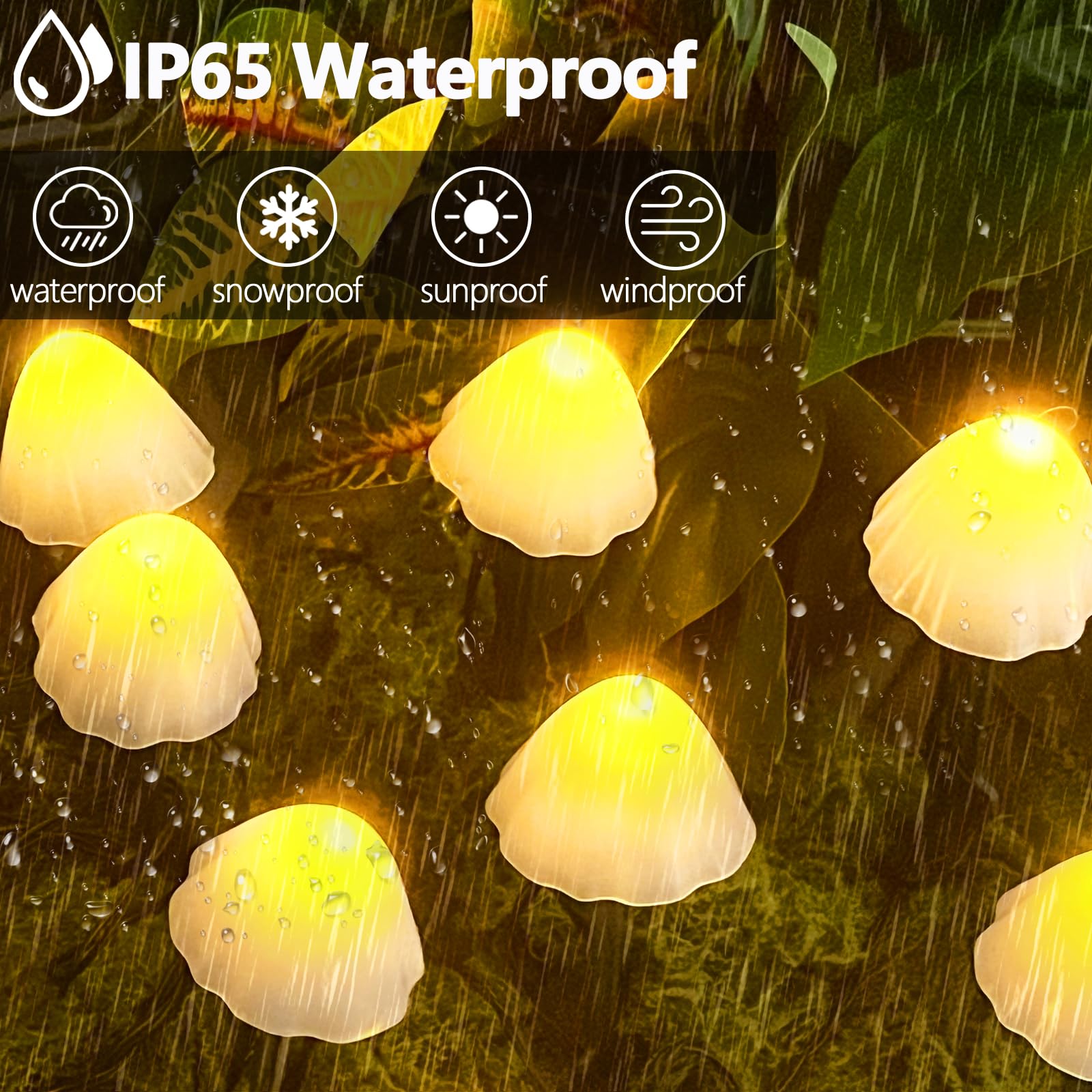 OZS Solar String Lights 32LED 55FT 2 Pack Waterproof Mushroom Warm White with 8 Lighting Modes for Garden Pathway Decor