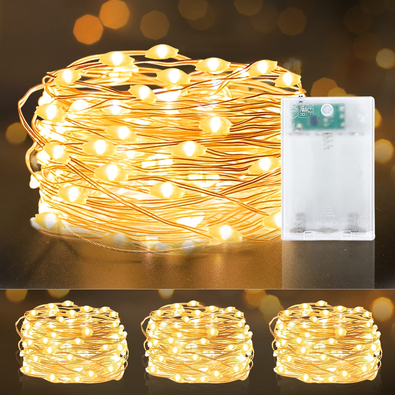 TURNMEON [ Timer ] 3 Set Fairy Lights, Total 60 LED, Warm White Battery Powered Copper Wire Fairy Lights, Decoration Outside Yard Party Home Bedroom Wedding Indoor Outdoor, 6.5 Ft 20 LED Each